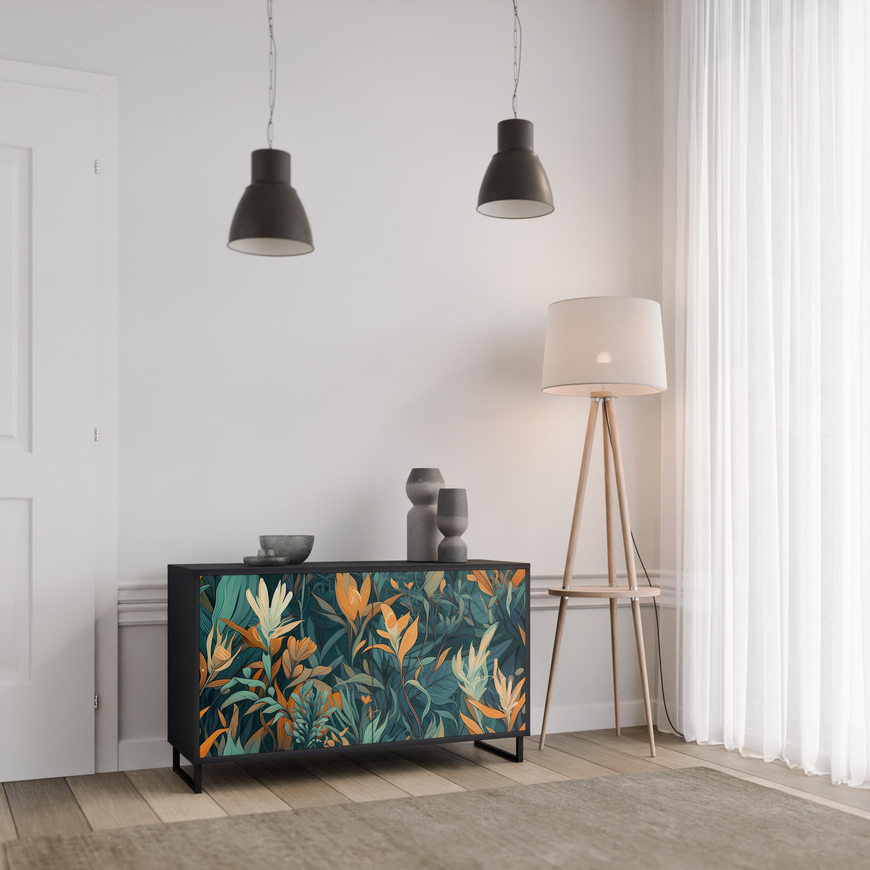 FLORAL SERENITY Sideboard mit 2 Türen in Schwarz