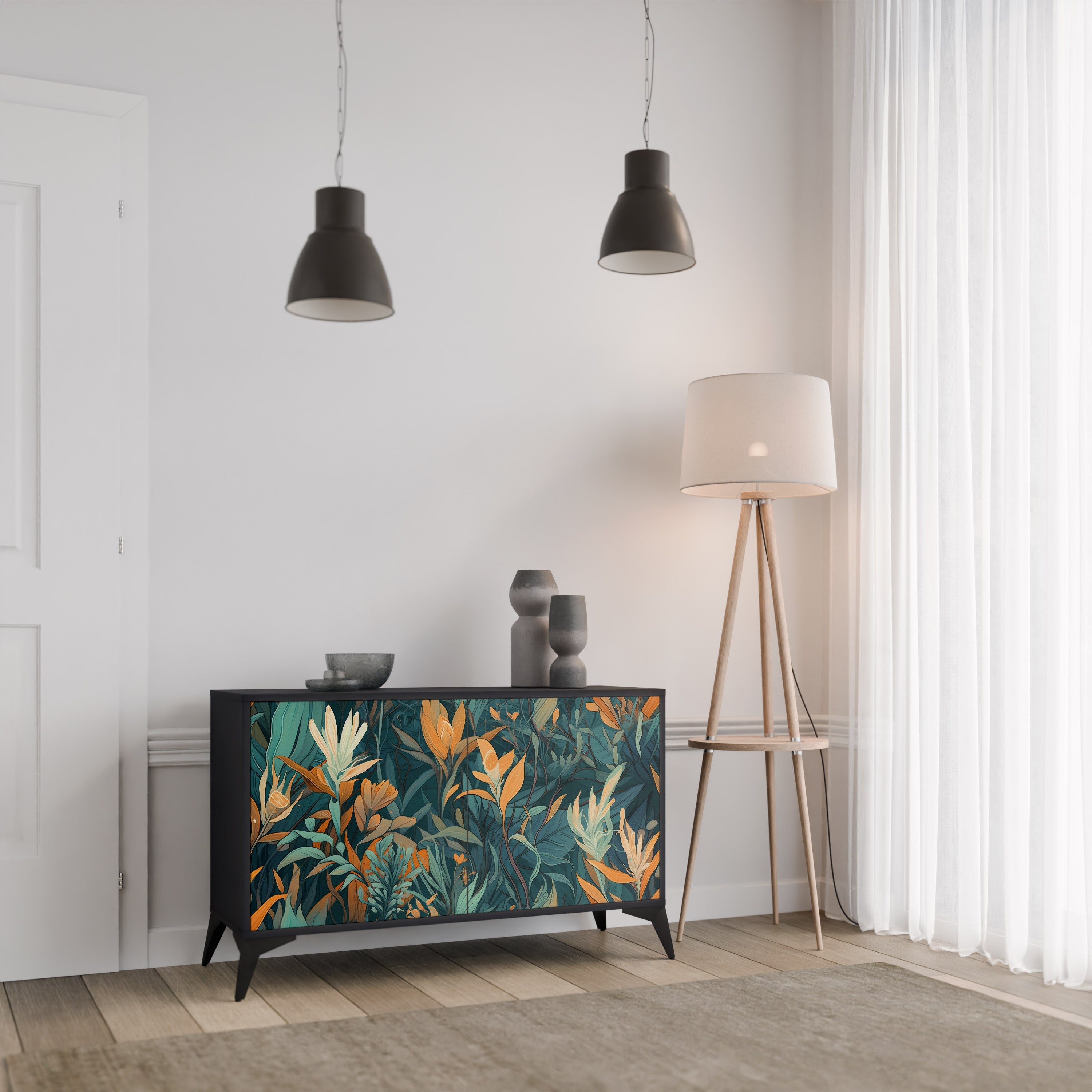 FLORAL SERENITY Sideboard mit 2 Türen in Schwarz