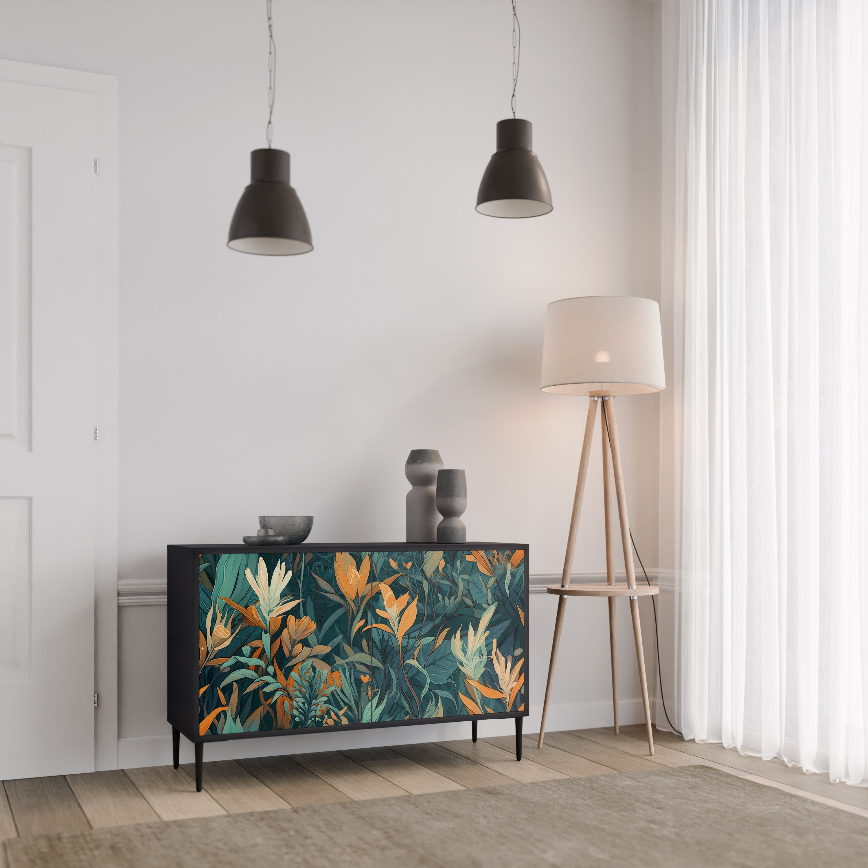 FLORAL SERENITY Sideboard mit 2 Türen in Schwarz