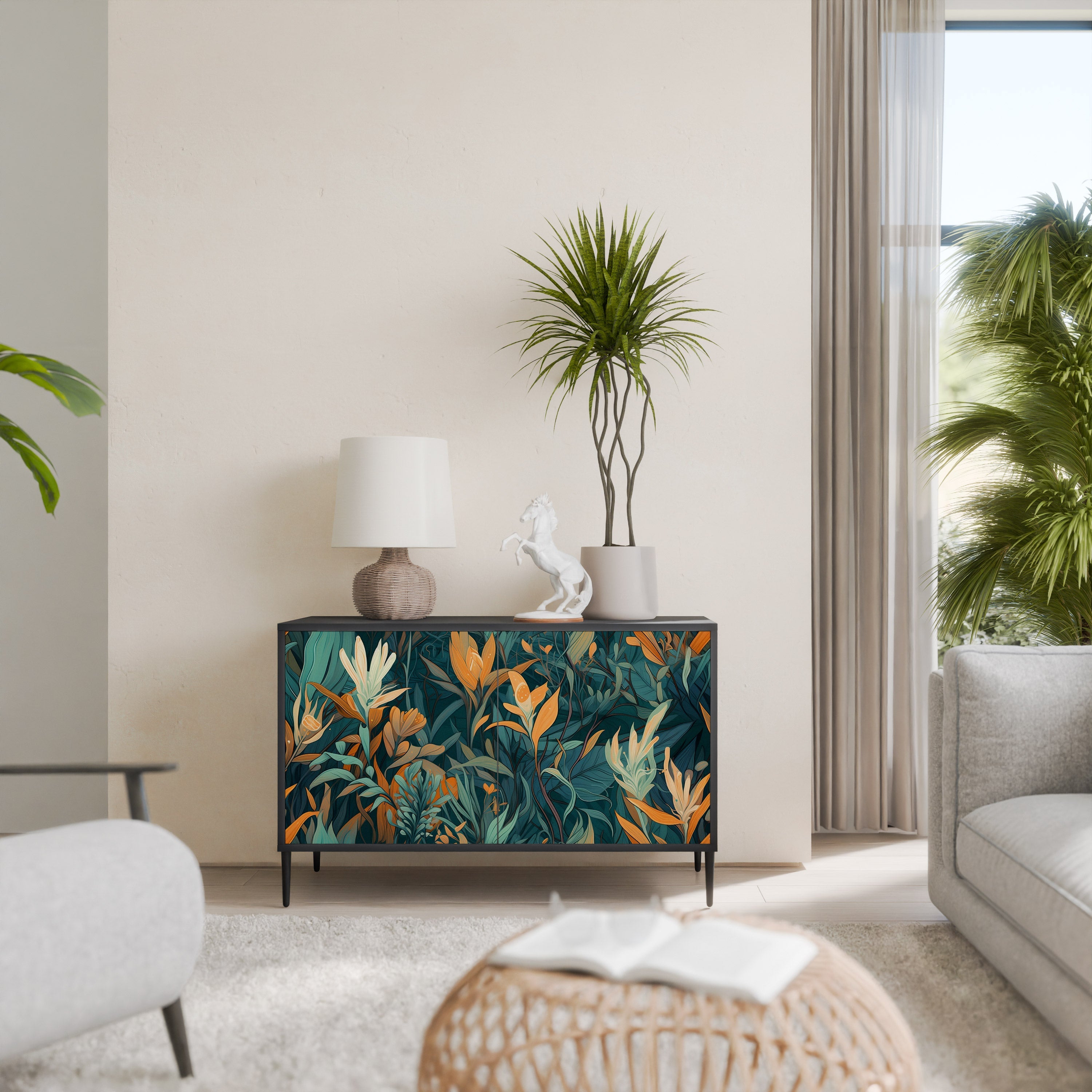 FLORAL SERENITY Sideboard mit 2 Türen in Schwarz