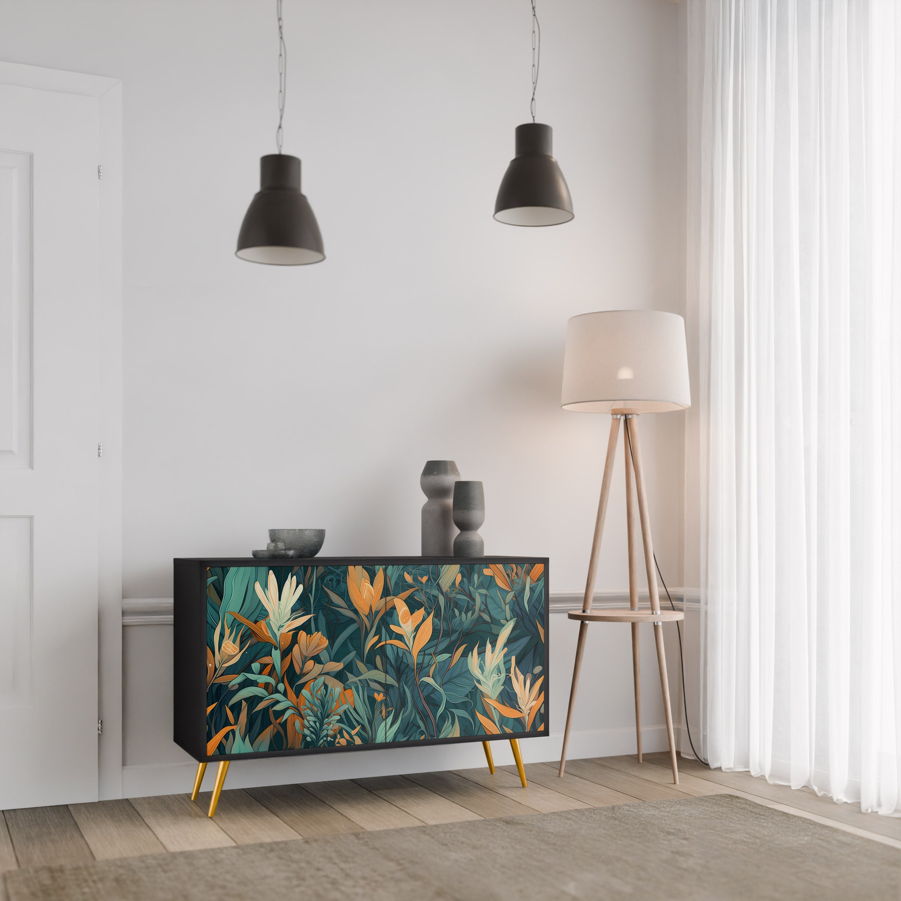 FLORAL SERENITY Sideboard mit 2 Türen in Schwarz