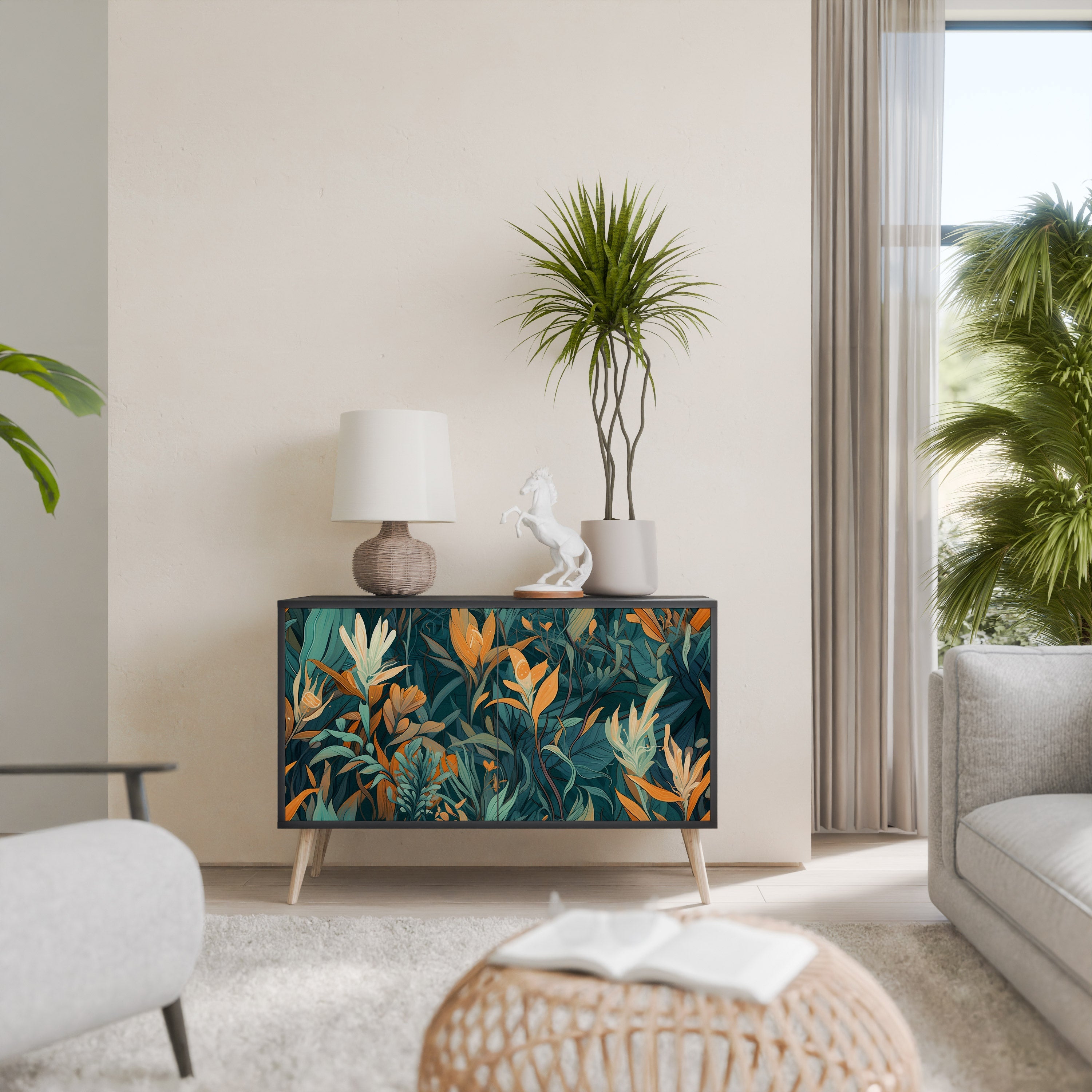 FLORAL SERENITY Sideboard mit 2 Türen in Schwarz