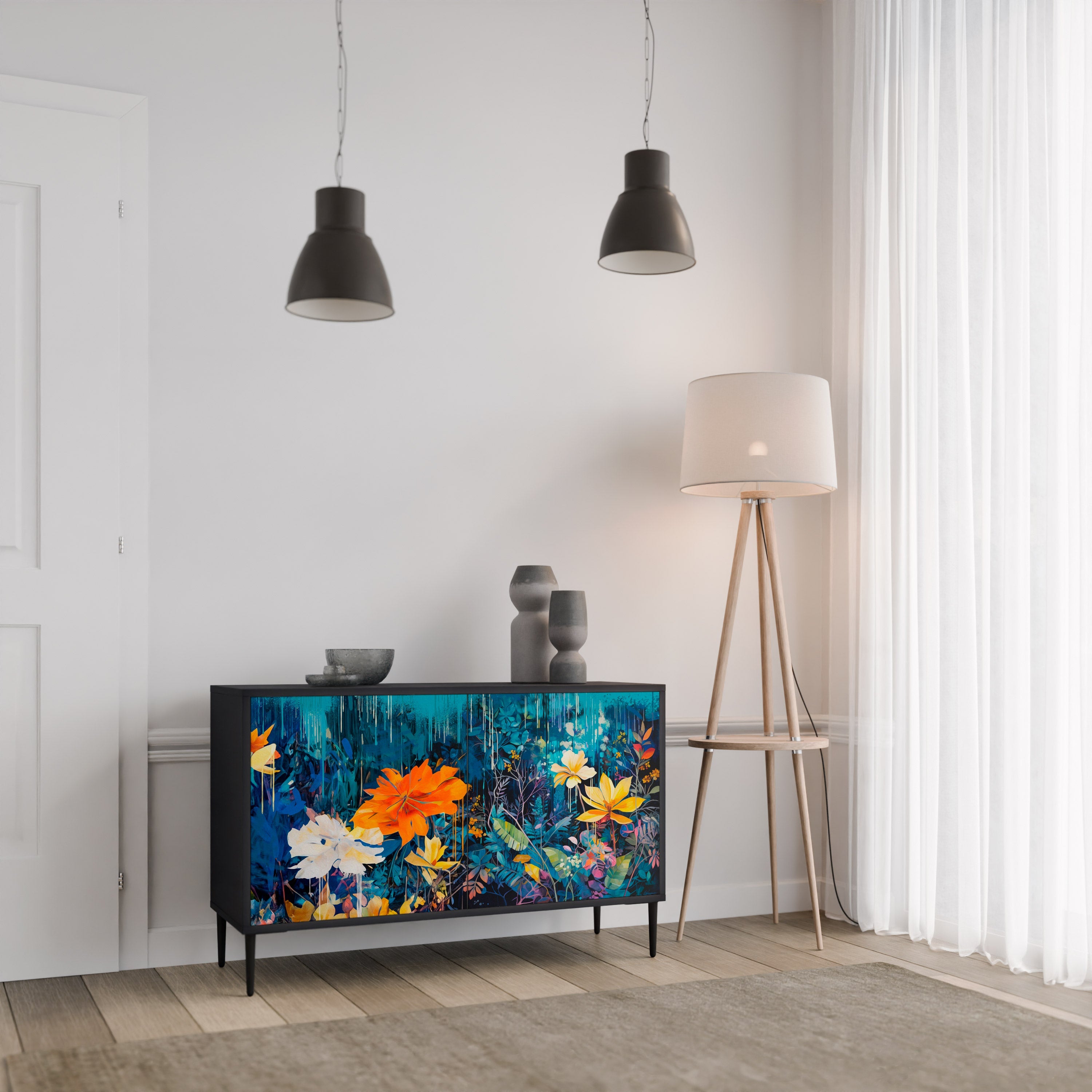 MIDNIGHT BLOSSOM Sideboard mit 2 Türen in Schwarz