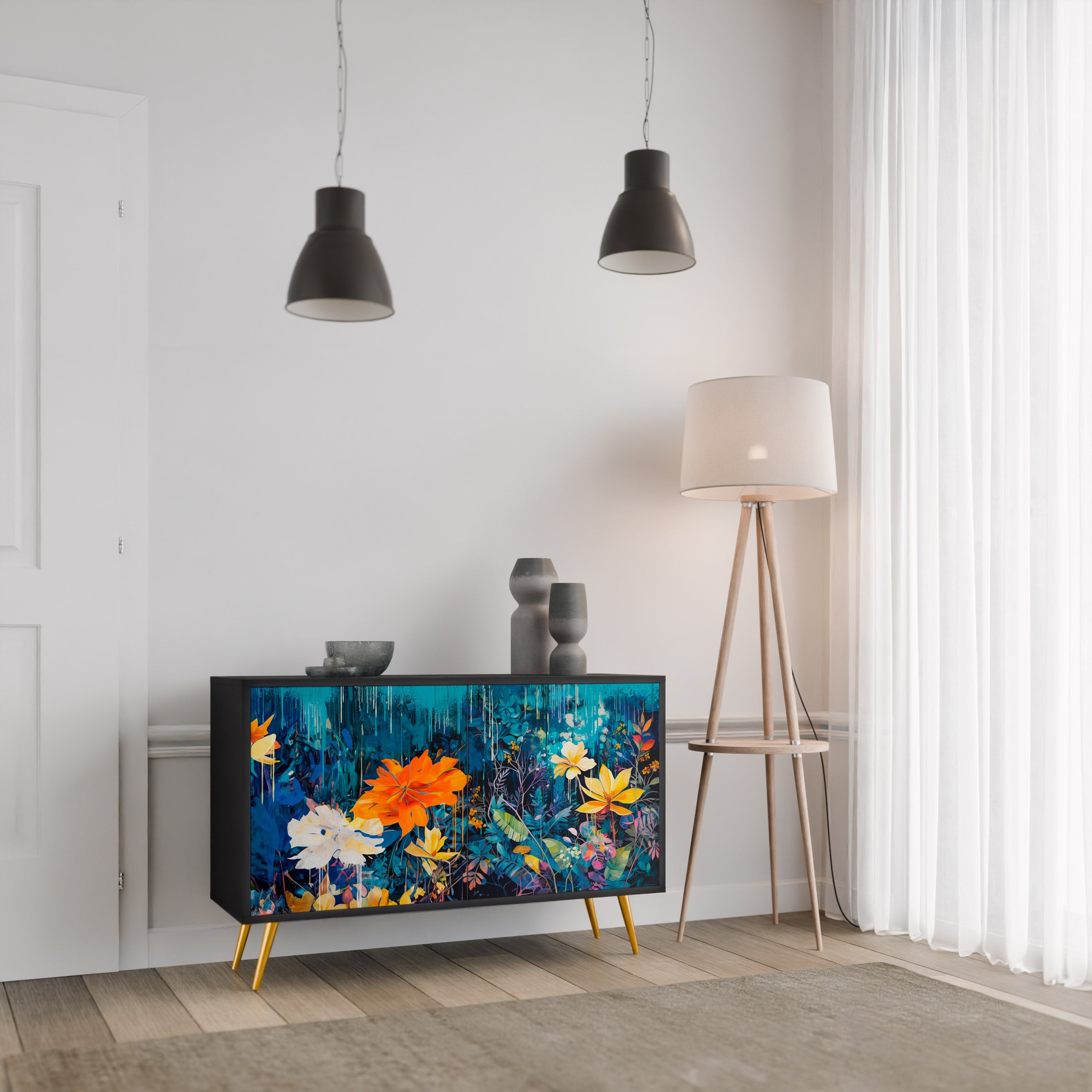 MIDNIGHT BLOSSOM Sideboard mit 2 Türen in Schwarz