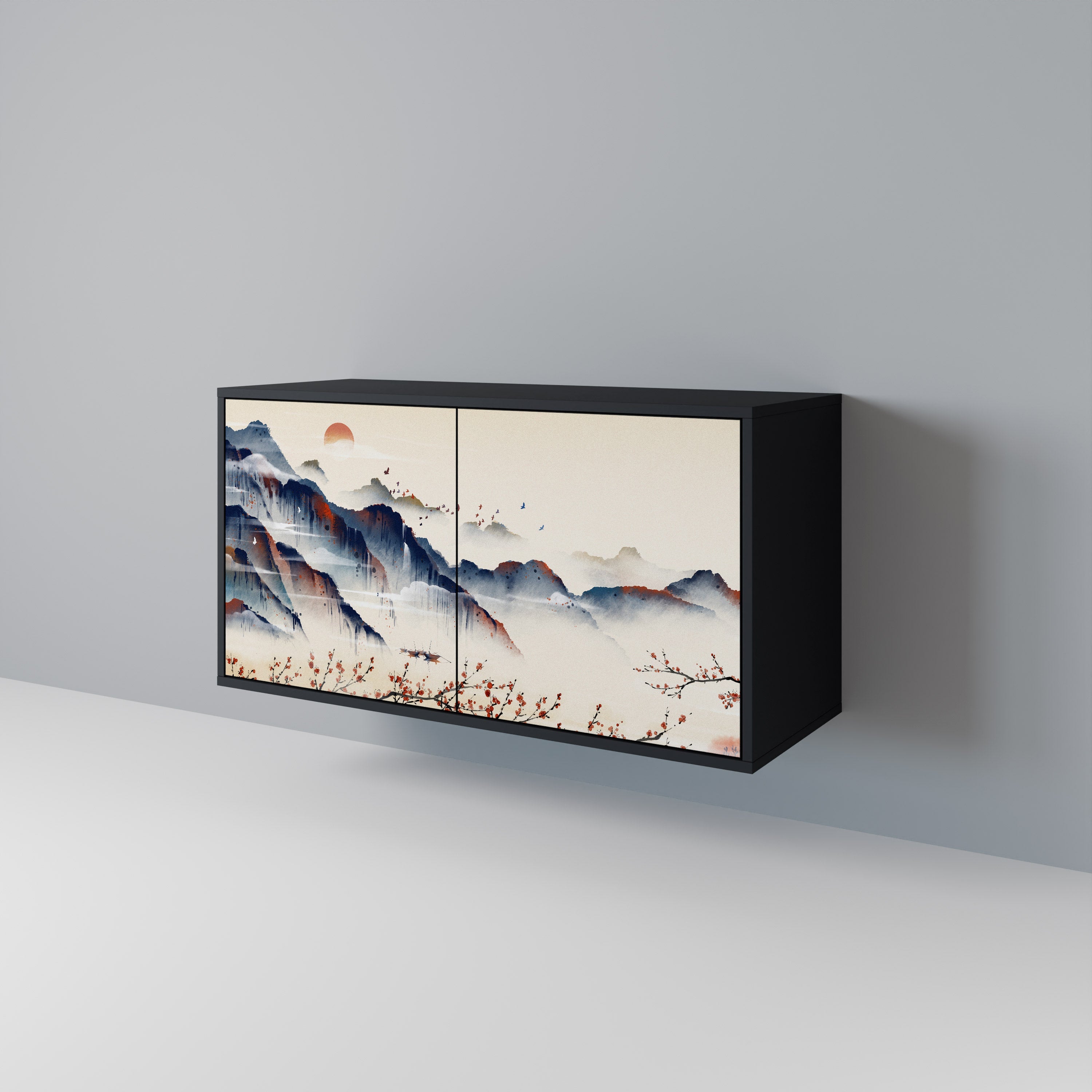 JAPANESE LANDSCAPE Sideboard mit 2 Türen in Schwarz