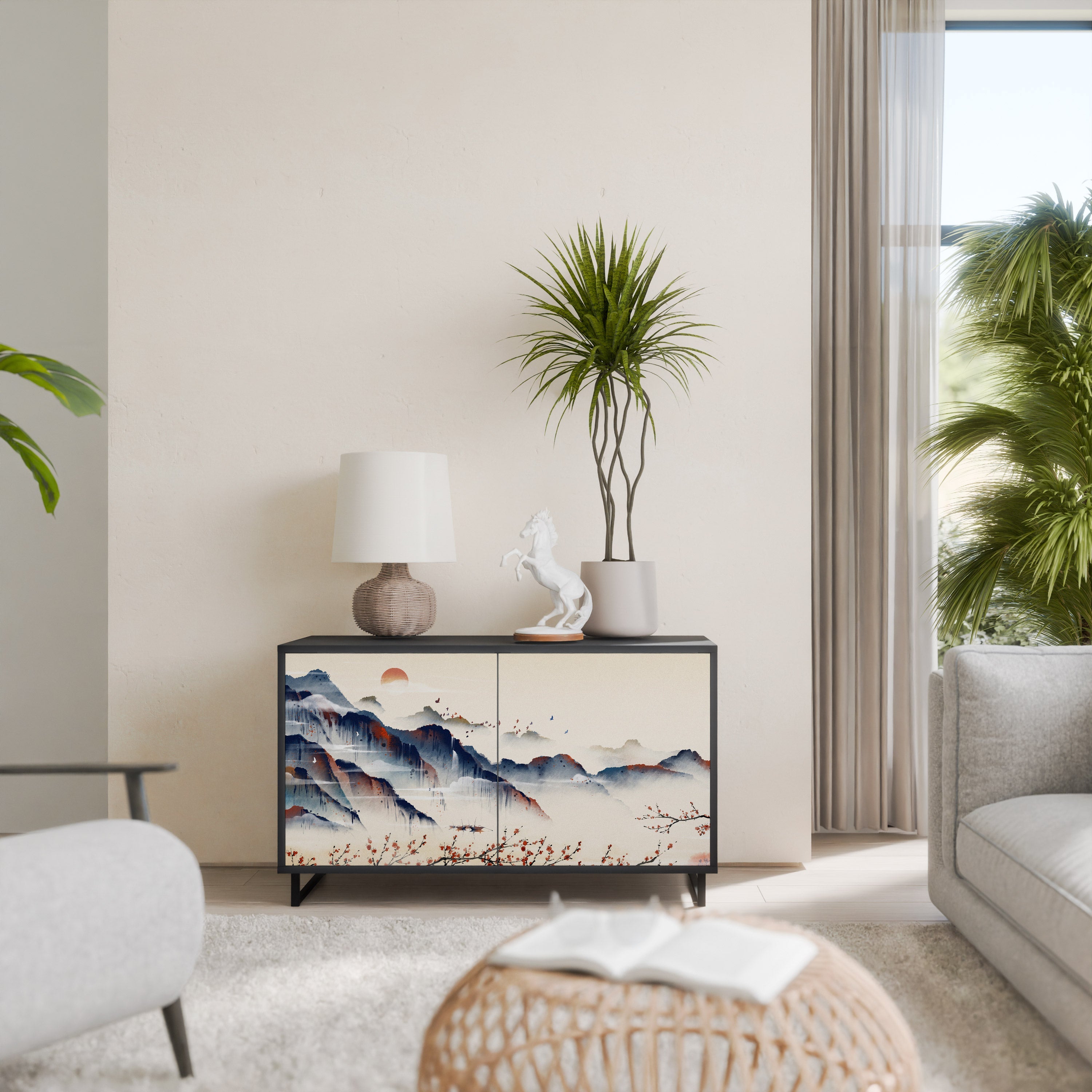 JAPANESE LANDSCAPE Sideboard mit 2 Türen in Schwarz