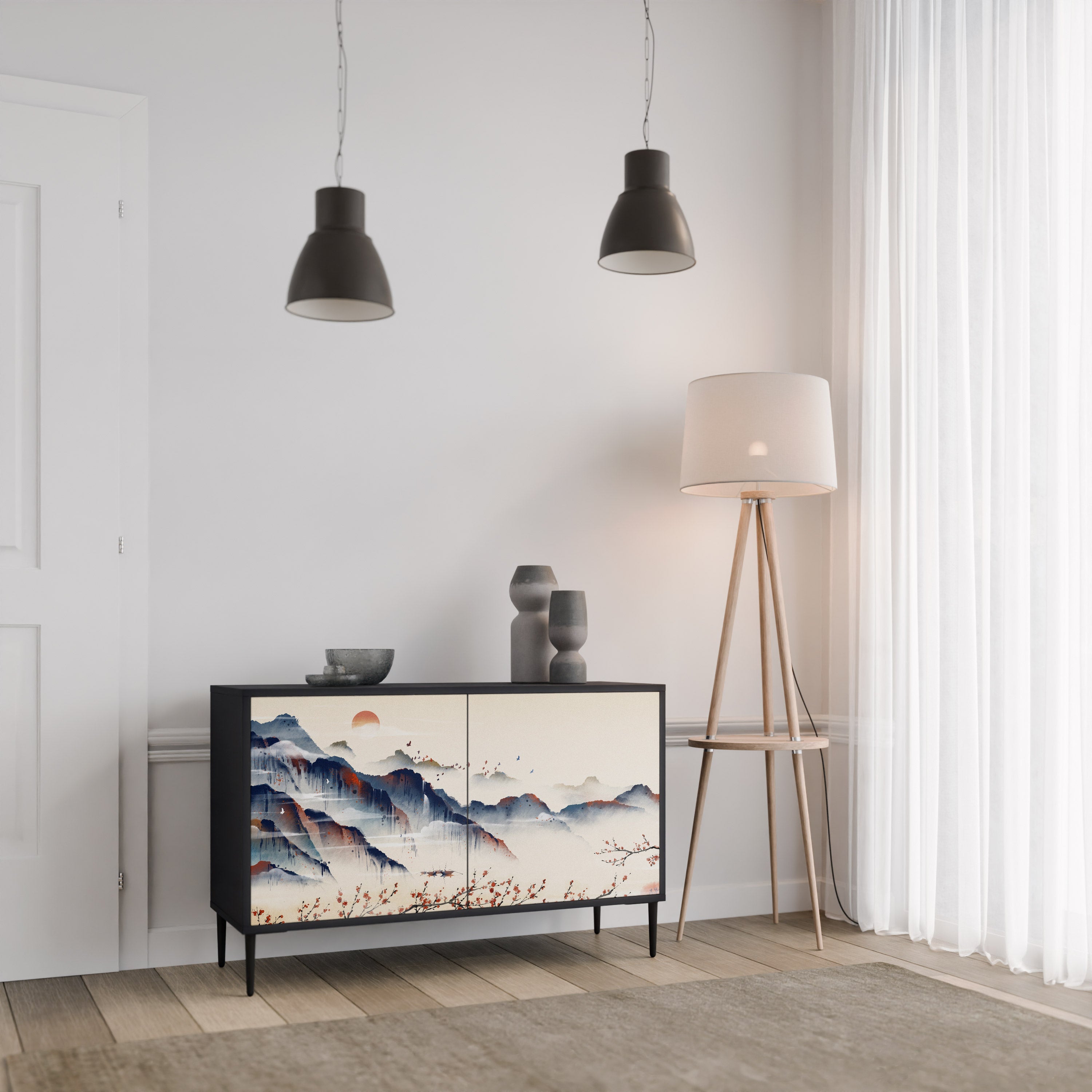 JAPANESE LANDSCAPE Sideboard mit 2 Türen in Schwarz