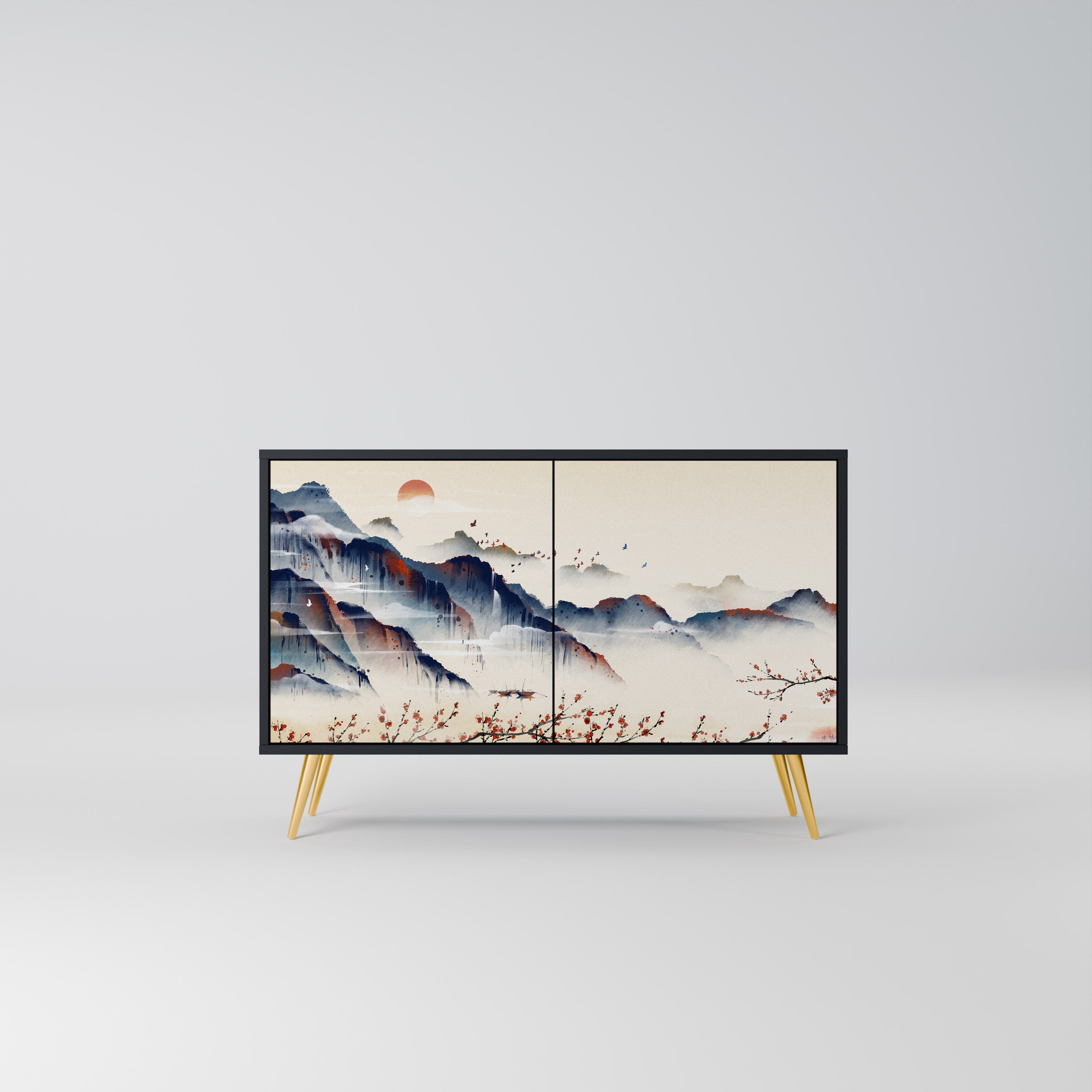 JAPANESE LANDSCAPE Sideboard mit 2 Türen in Schwarz
