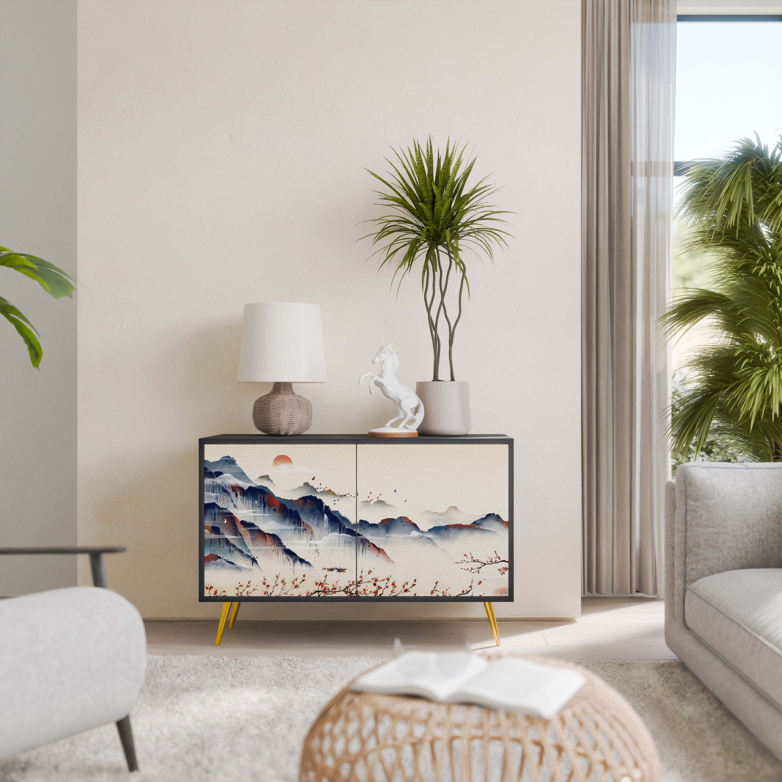 JAPANESE LANDSCAPE Sideboard mit 2 Türen in Schwarz