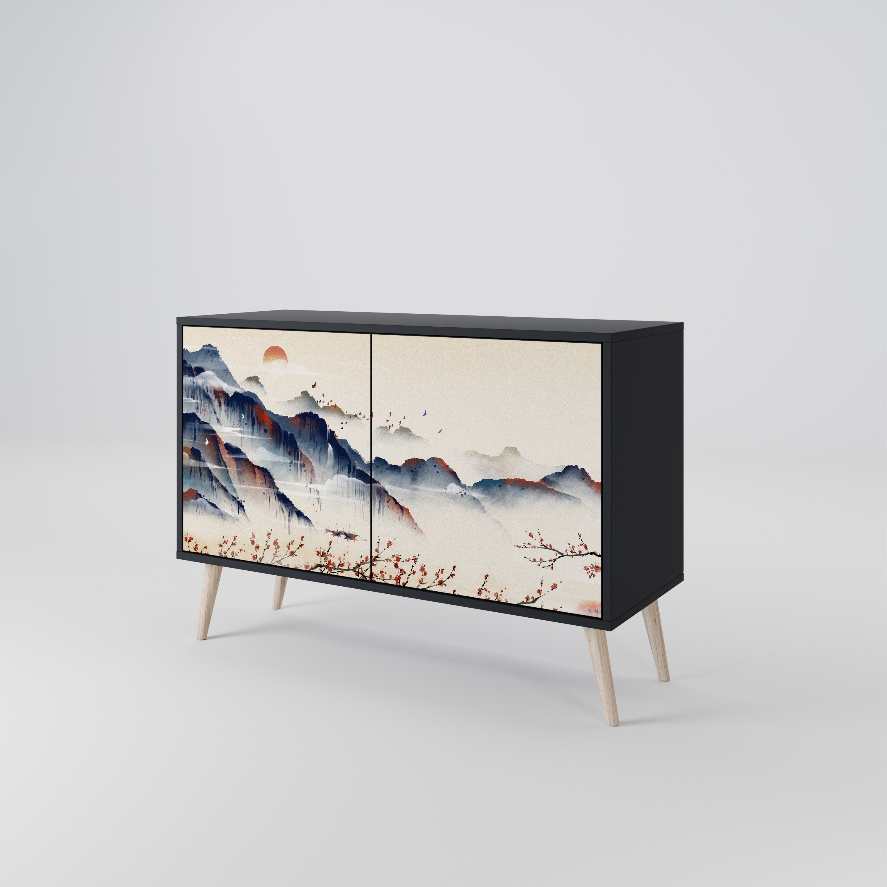 JAPANESE LANDSCAPE Sideboard mit 2 Türen in Schwarz