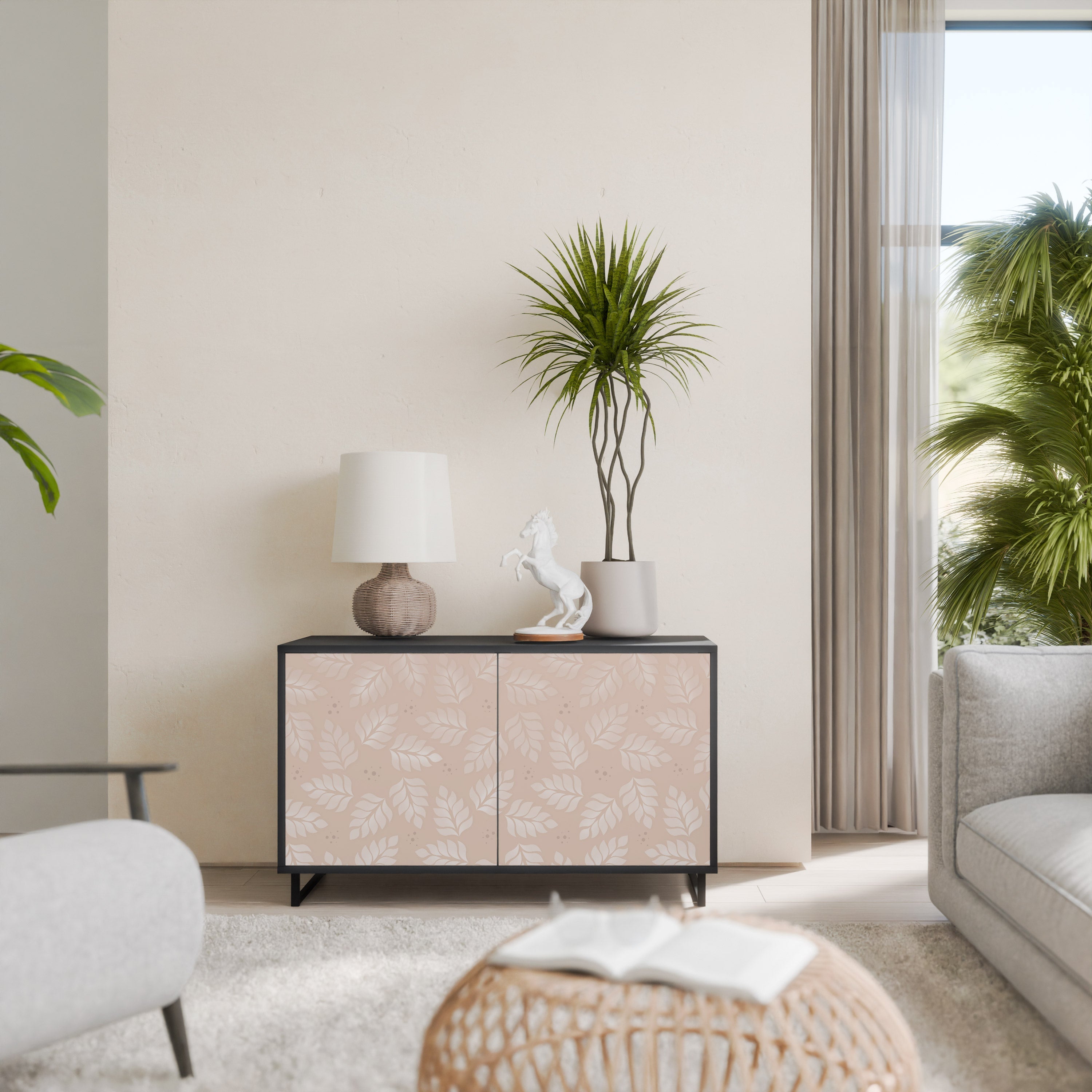 LEAVES ON BEIGE Sideboard mit 2 Türen in Schwarz