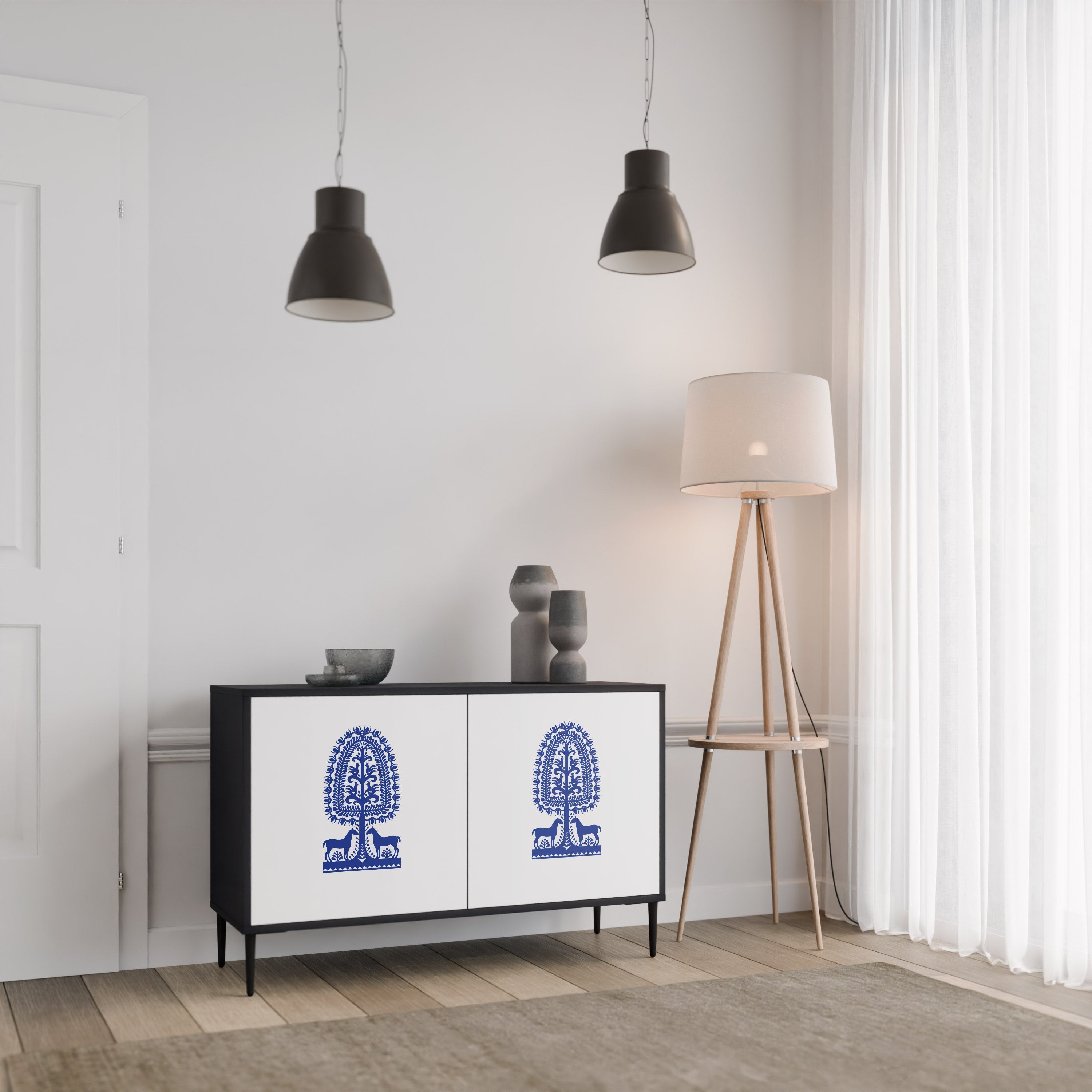 POLISH FOLK ART 2-Door Sideboard in Black Finish