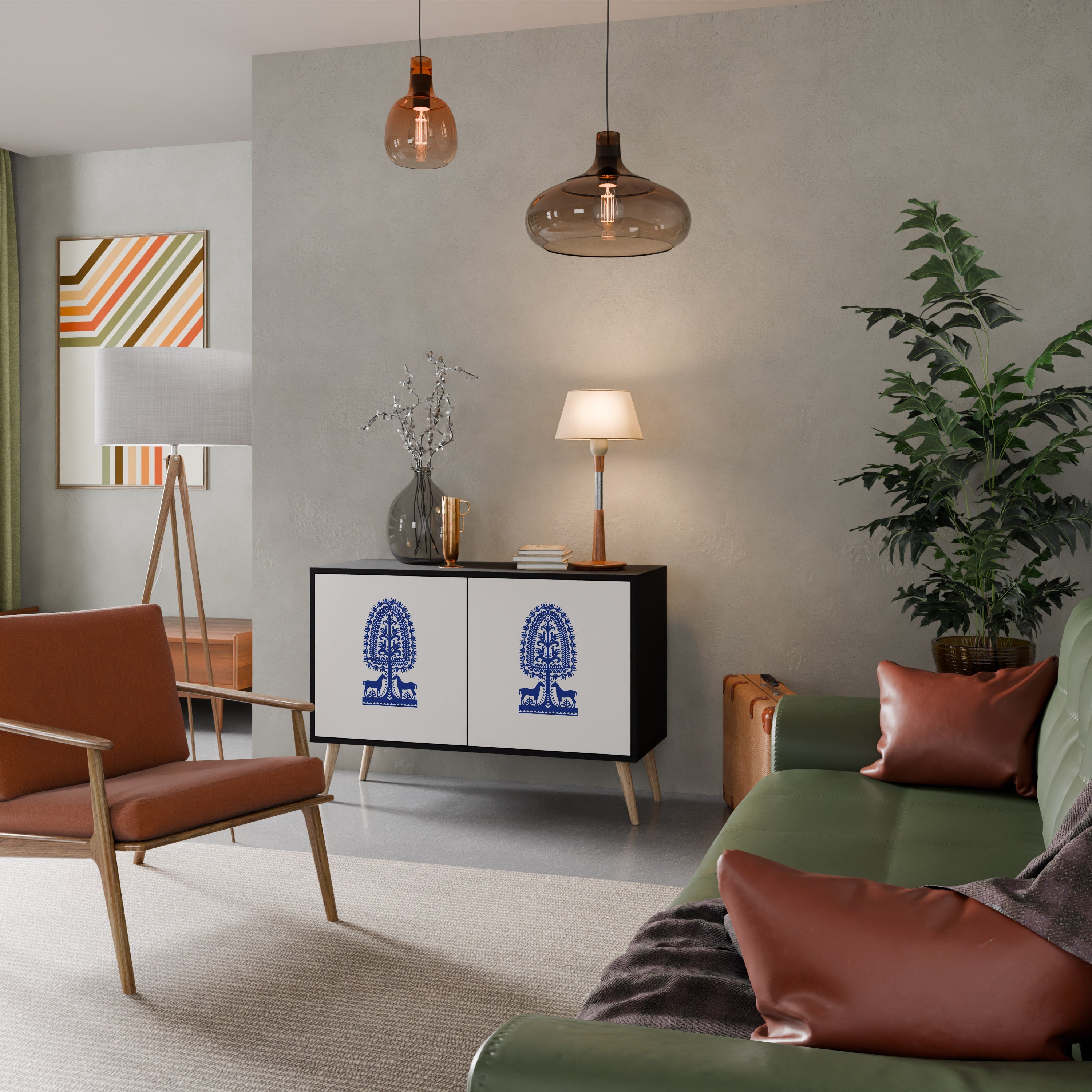 POLISH FOLK ART 2-Door Sideboard in Black Finish