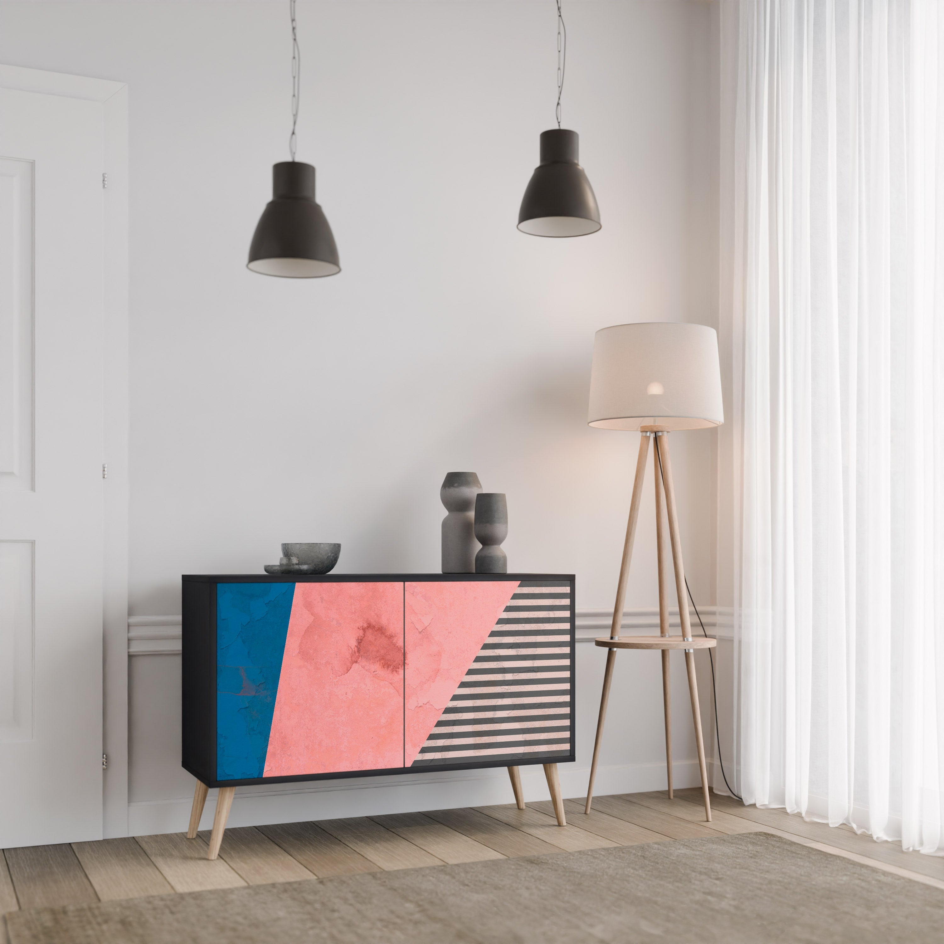 GLAMOROUS STRIPE Sideboard mit 2 Türen in Schwarz