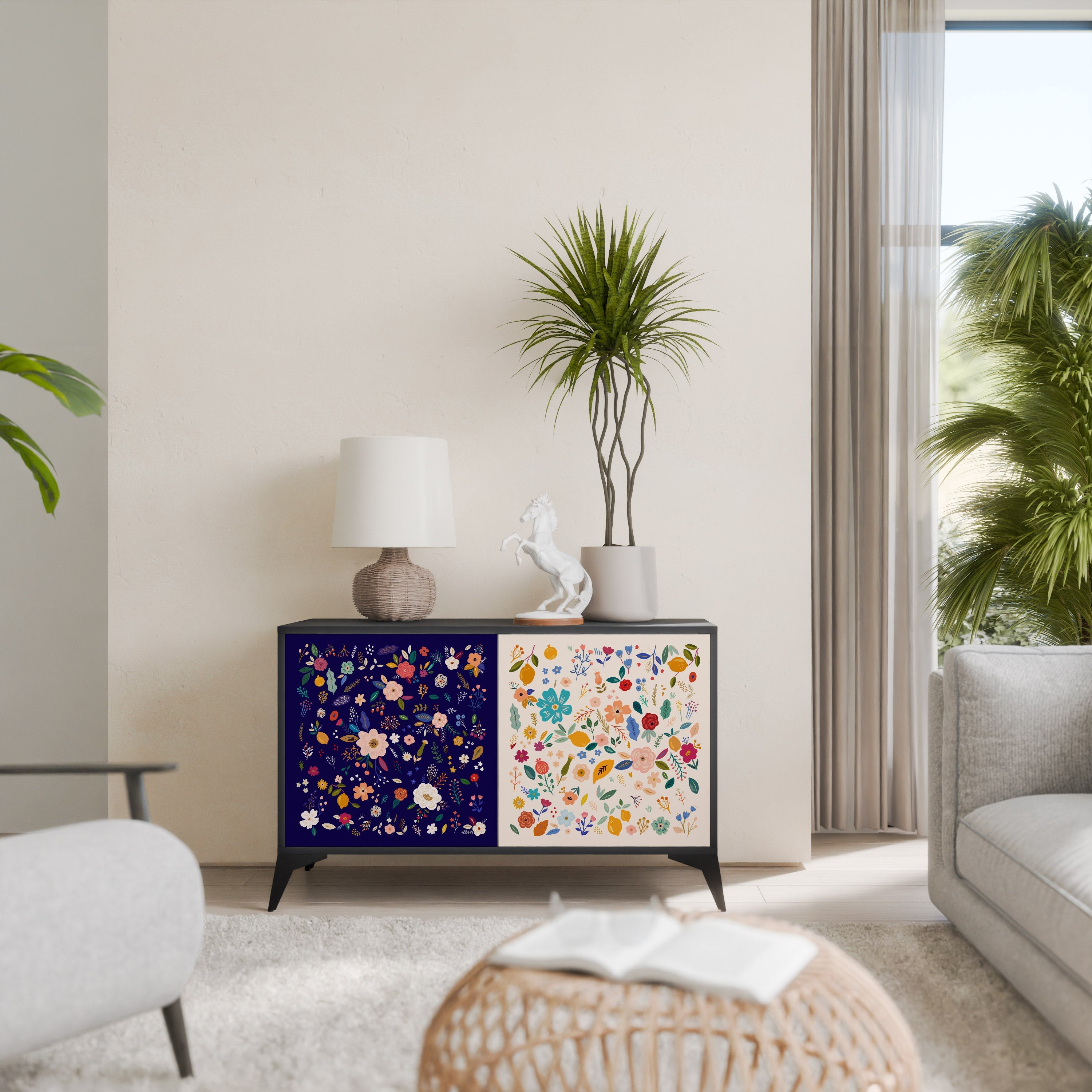 FLORAL COMBINATION 2-Door Sideboard in Black Finish