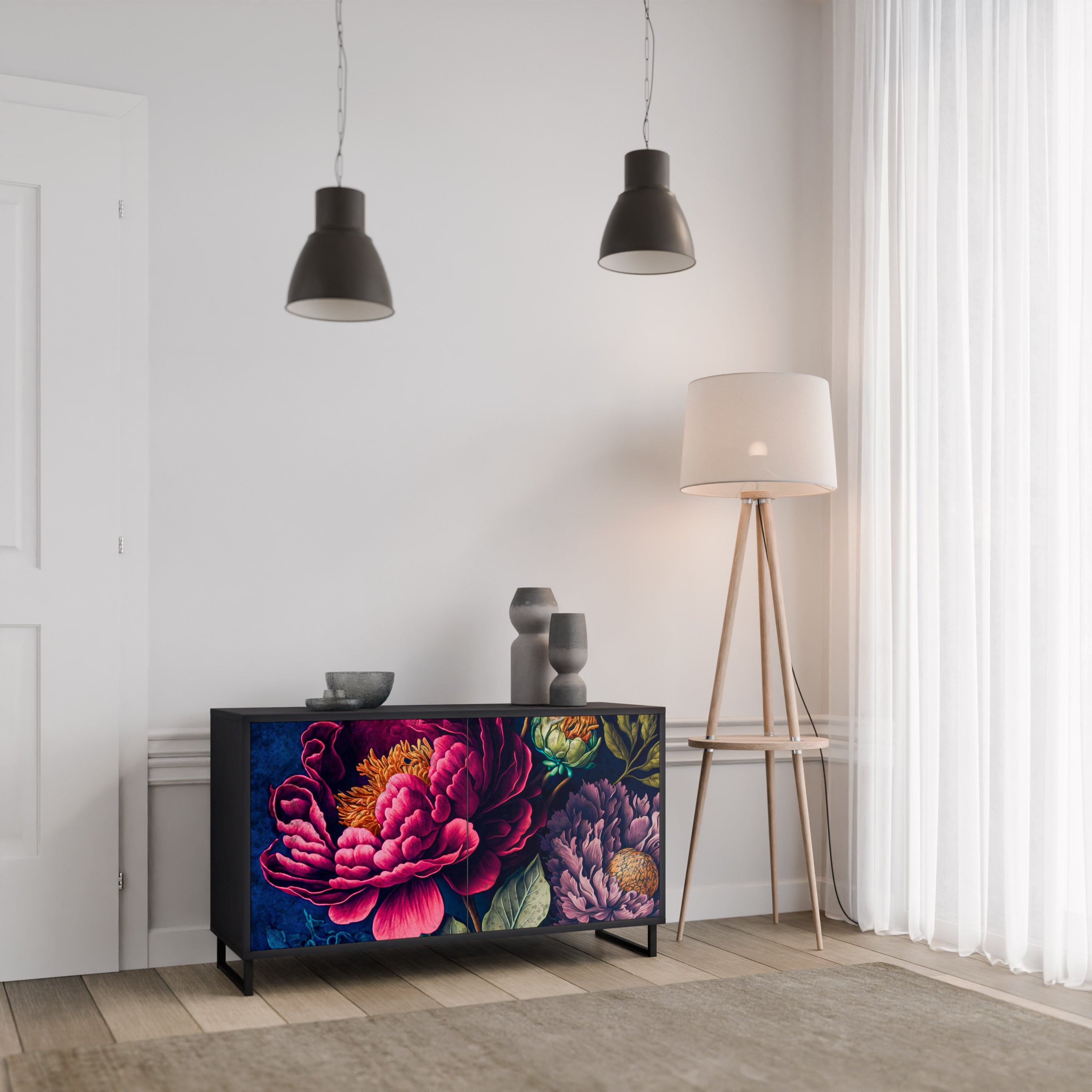 BLOOMING ELEGANCE 2-Door Sideboard in Black Finish