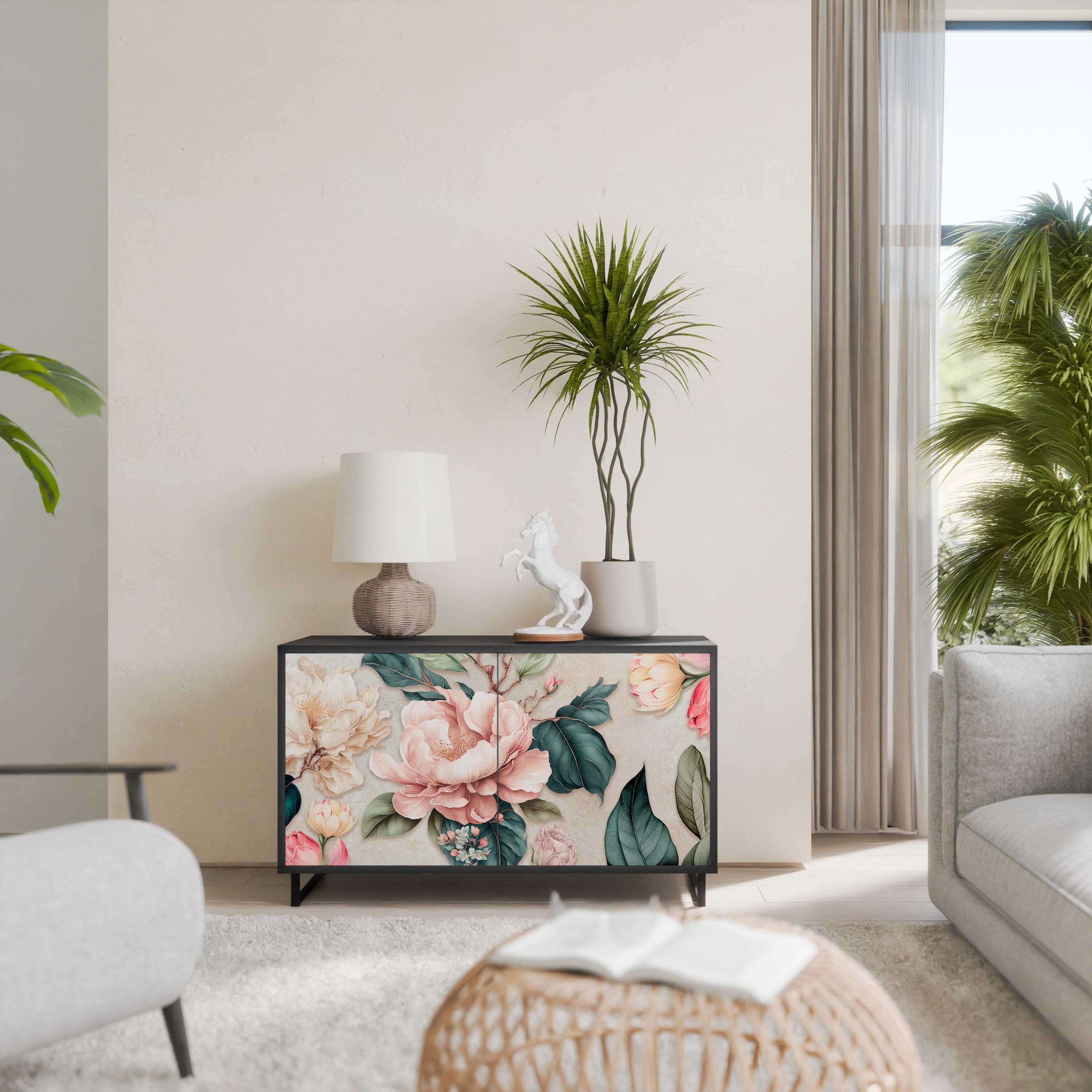 FLORAL GRACE Sideboard mit 2 Türen in Schwarz