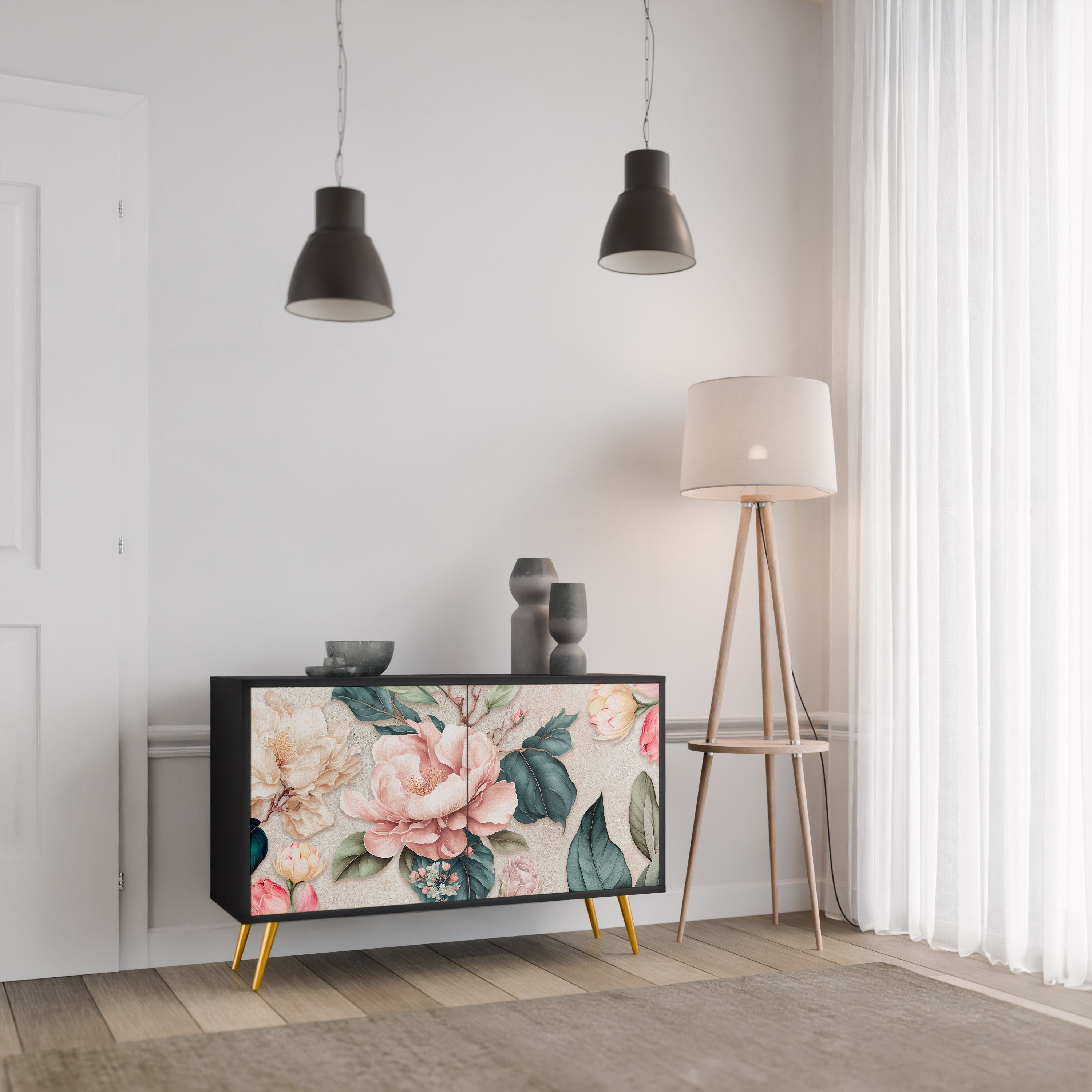 FLORAL GRACE Sideboard mit 2 Türen in Schwarz