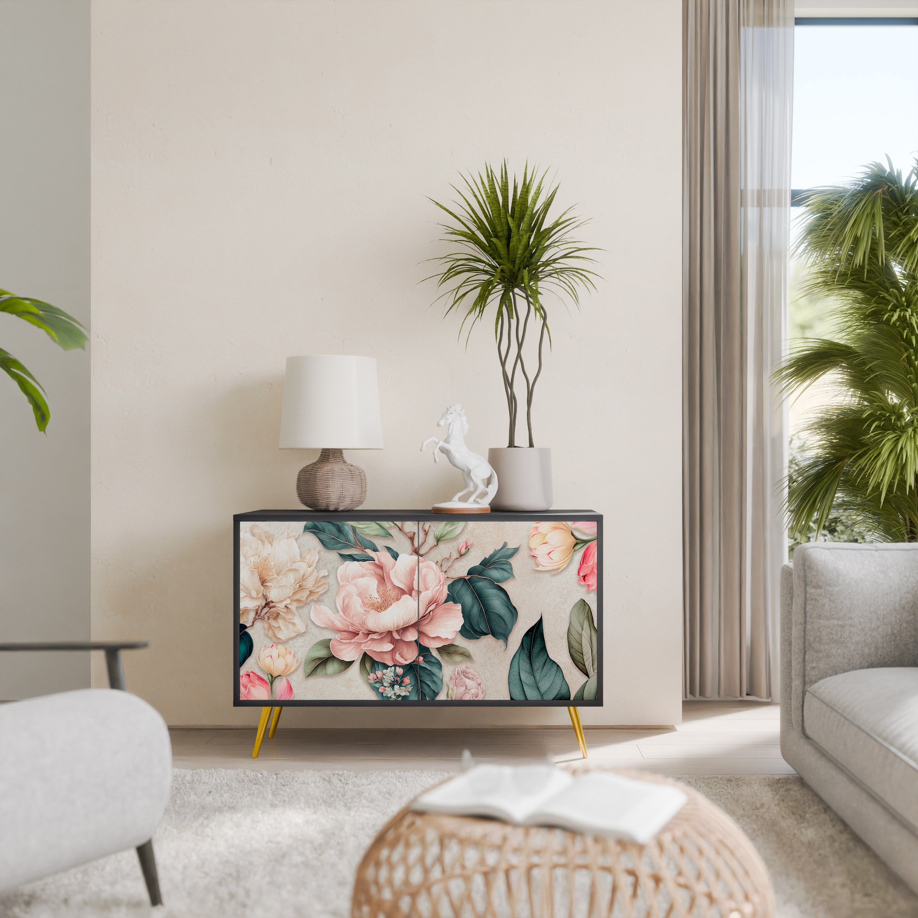 FLORAL GRACE Sideboard mit 2 Türen in Schwarz