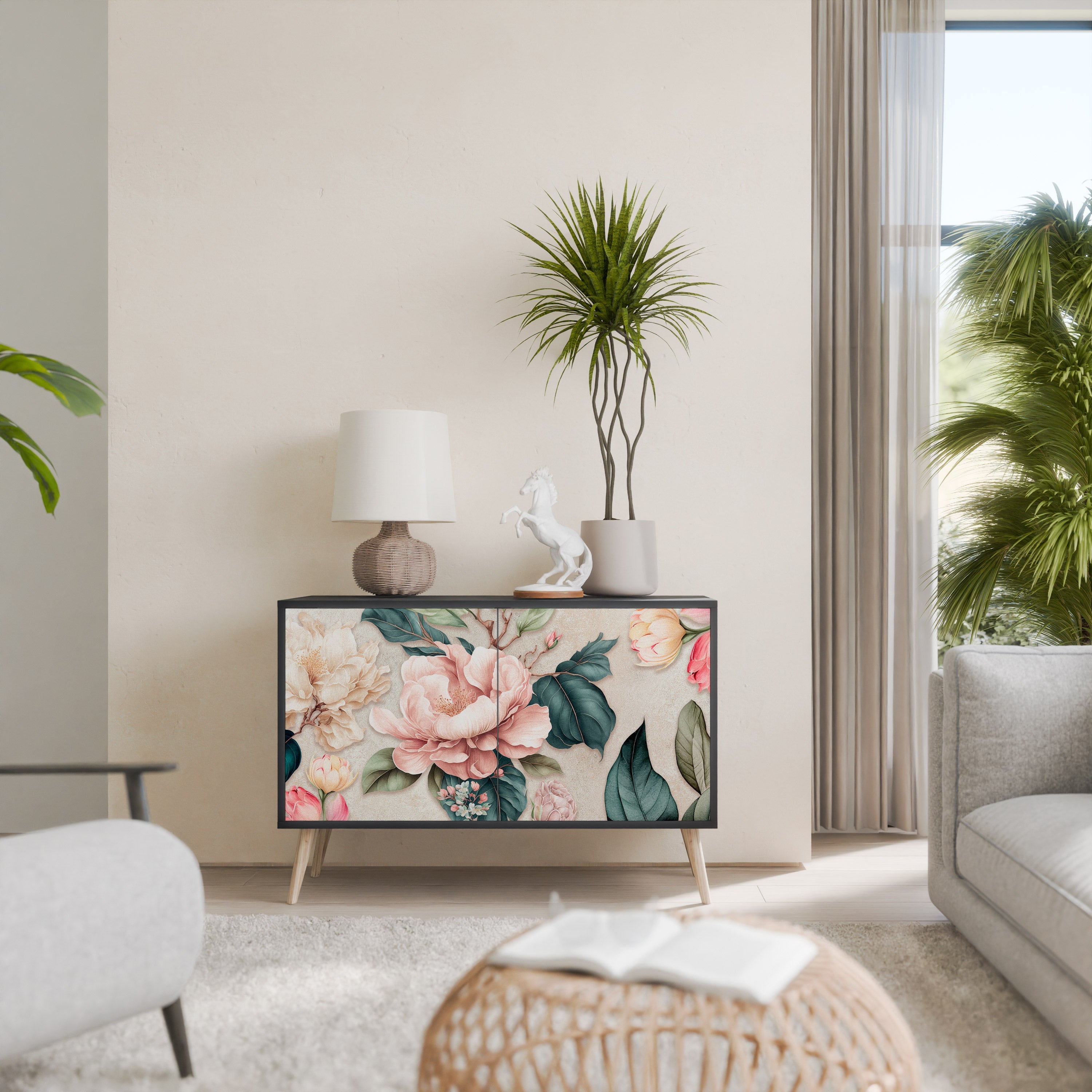 FLORAL GRACE Sideboard mit 2 Türen in Schwarz