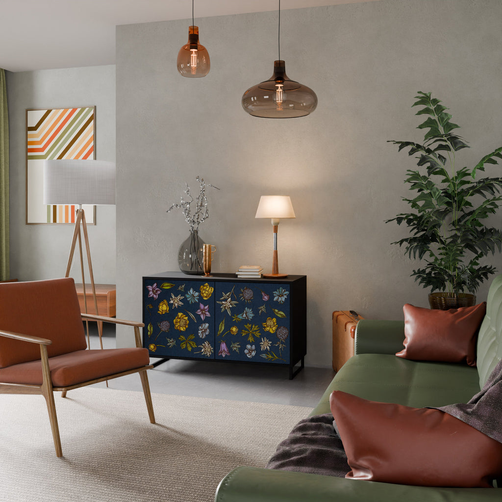 FLOWERS ON NAVY BLUE 2-Door Sideboard in Black Finish