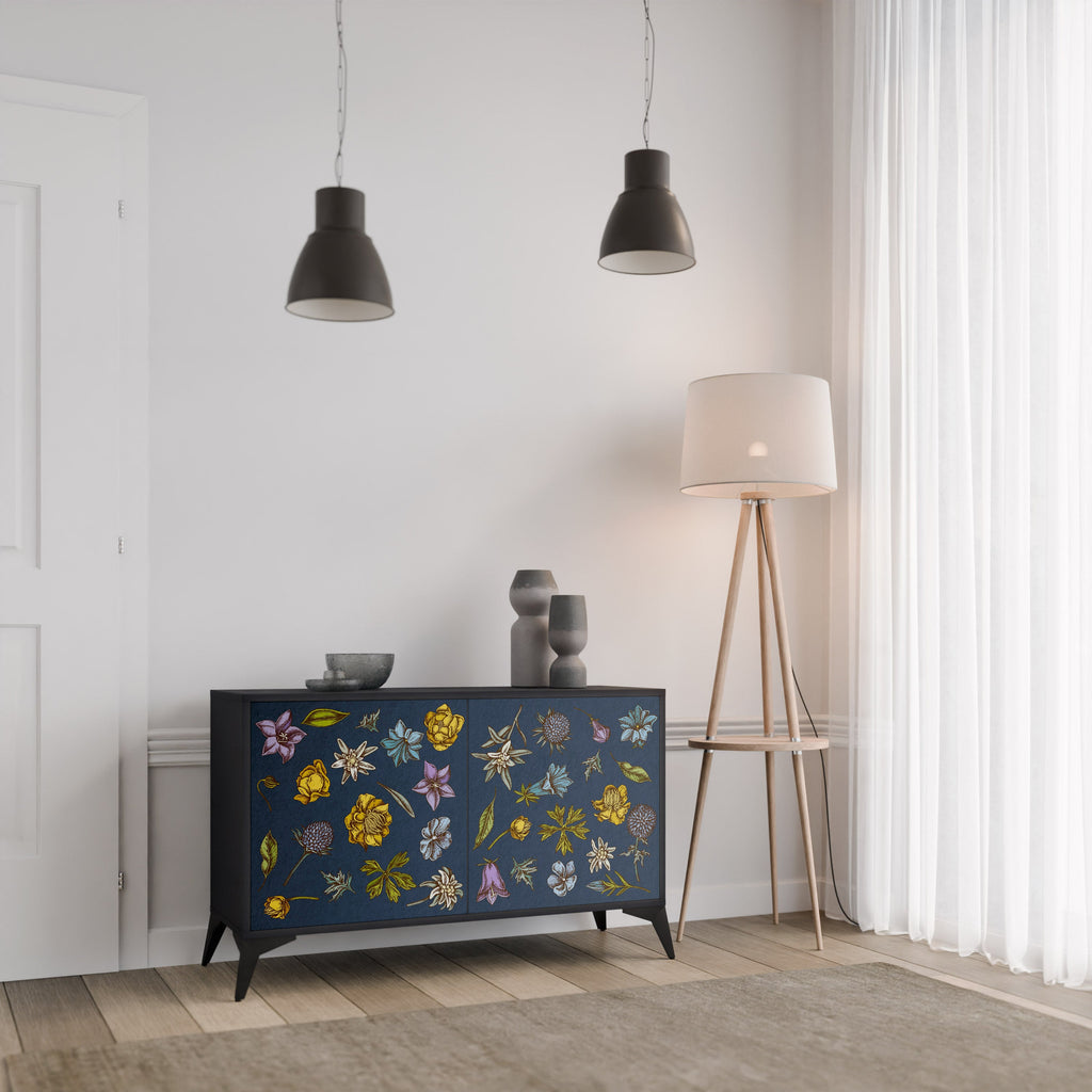 FLOWERS ON NAVY BLUE 2-Door Sideboard in Black Finish