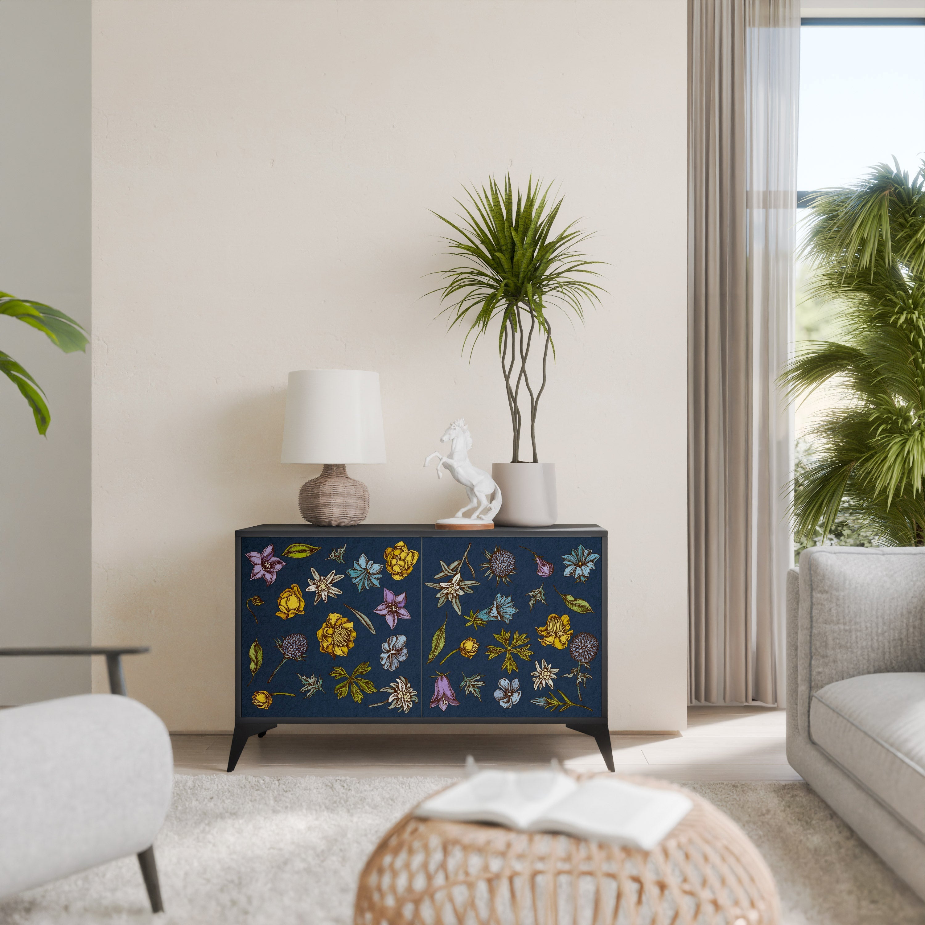 FLOWERS ON NAVY BLUE 2-Door Sideboard in Black Finish