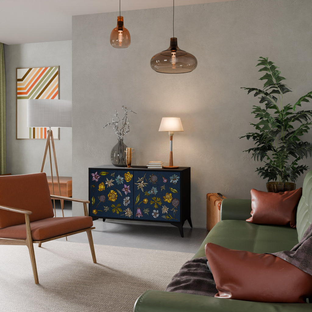 FLOWERS ON NAVY BLUE 2-Door Sideboard in Black Finish