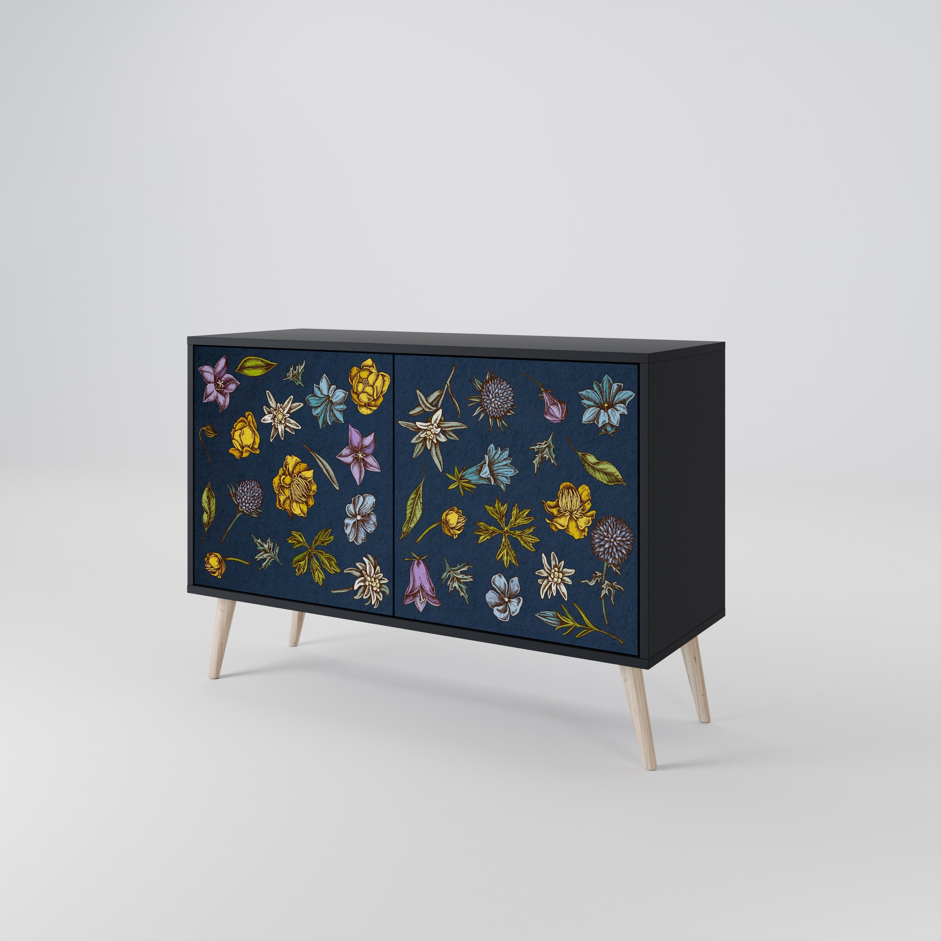 FLOWERS ON NAVY BLUE 2-Door Sideboard in Black Finish