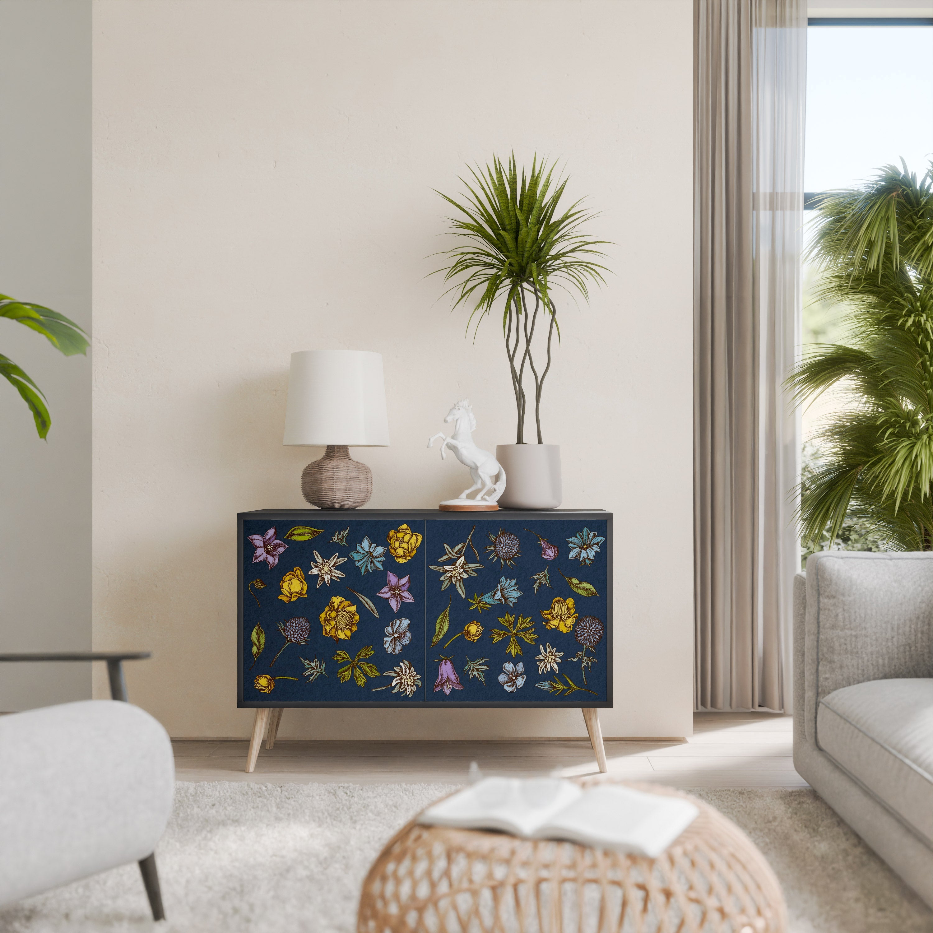 FLOWERS ON NAVY BLUE 2-Door Sideboard in Black Finish
