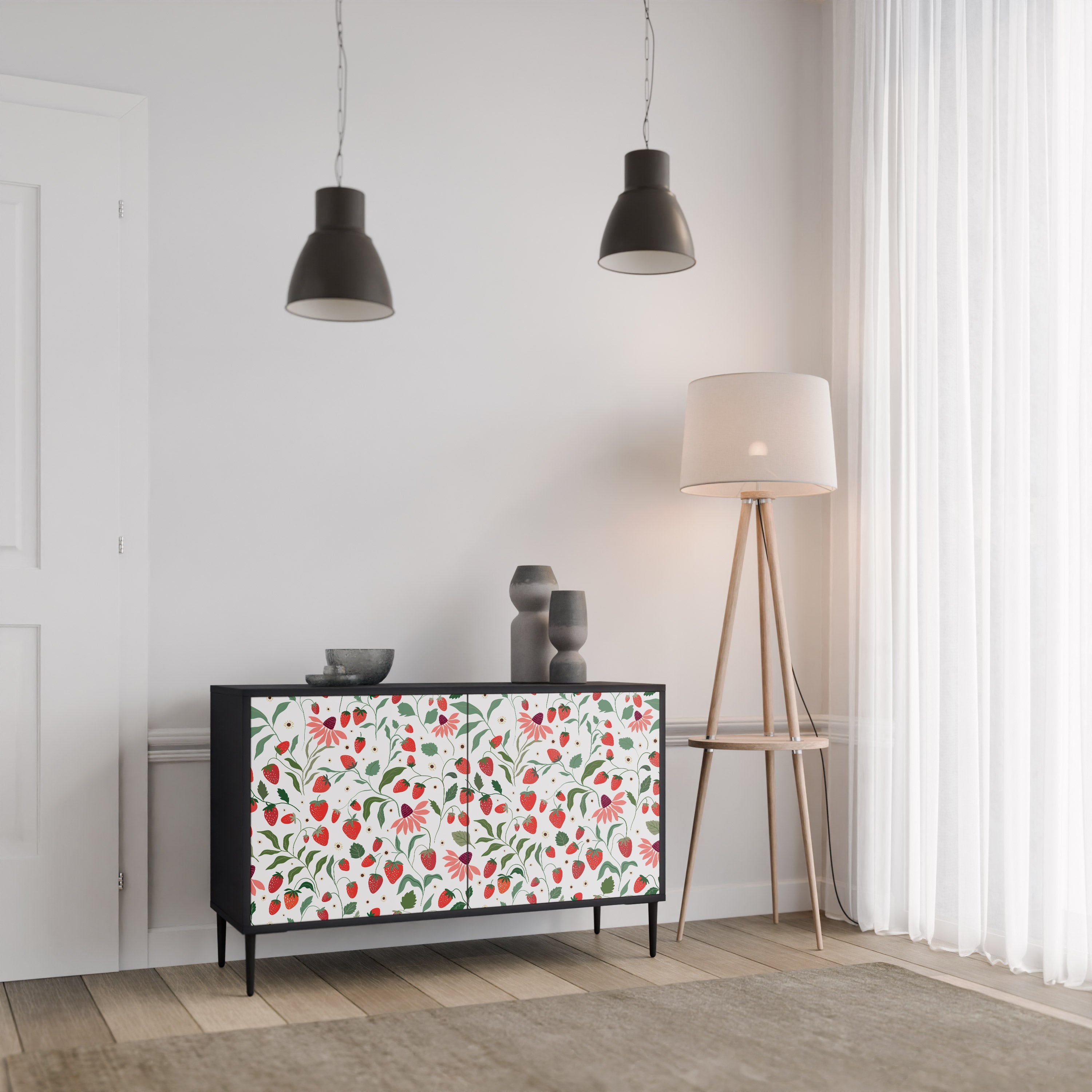 FLOWERS AND STRAWBERRIES 2-Door Sideboard in Black Finish