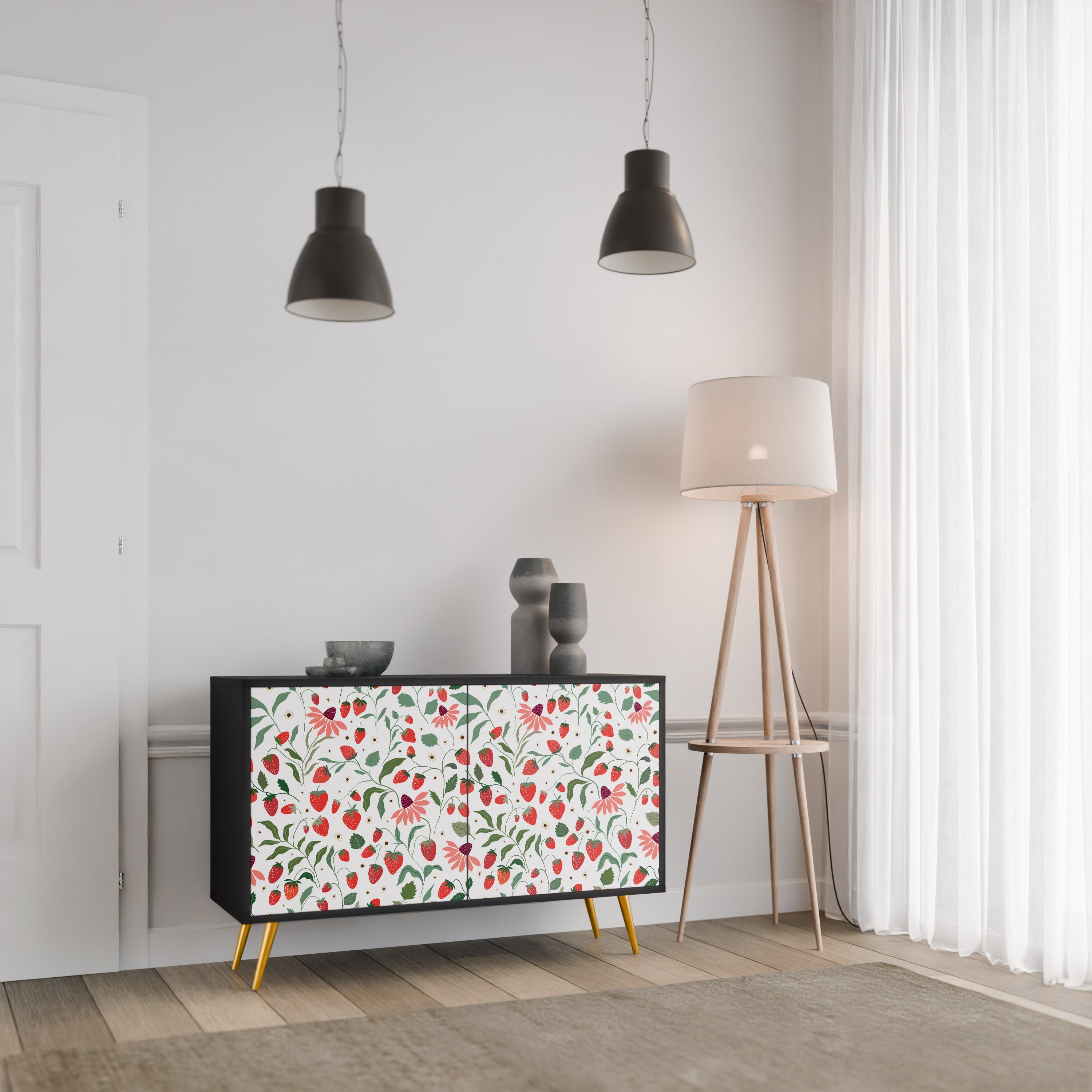 FLOWERS AND STRAWBERRIES 2-Door Sideboard in Black Finish