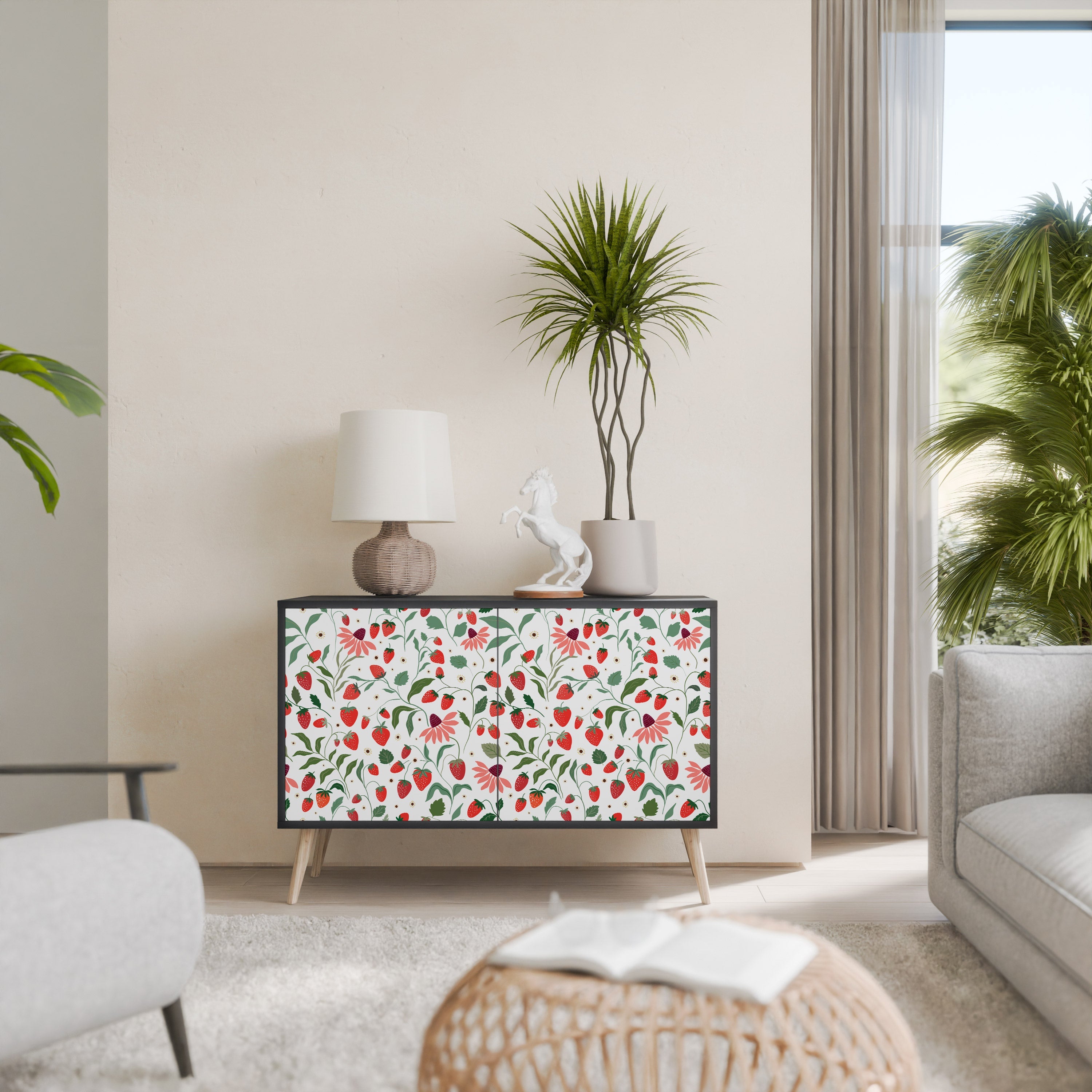 FLOWERS AND STRAWBERRIES 2-Door Sideboard in Black Finish