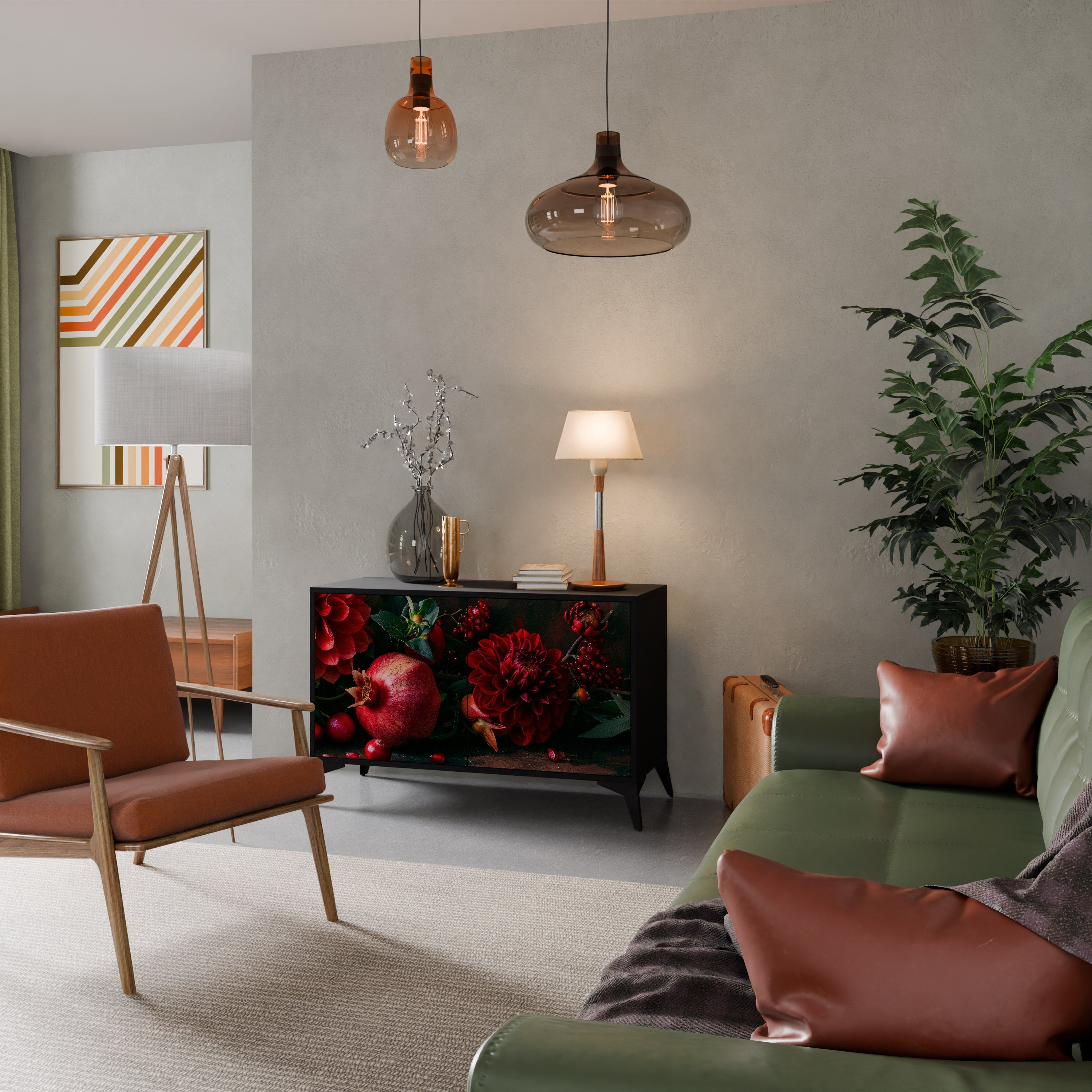 DAHLIAS AND POMEGRANATES 2-Door Sideboard in Black Finish