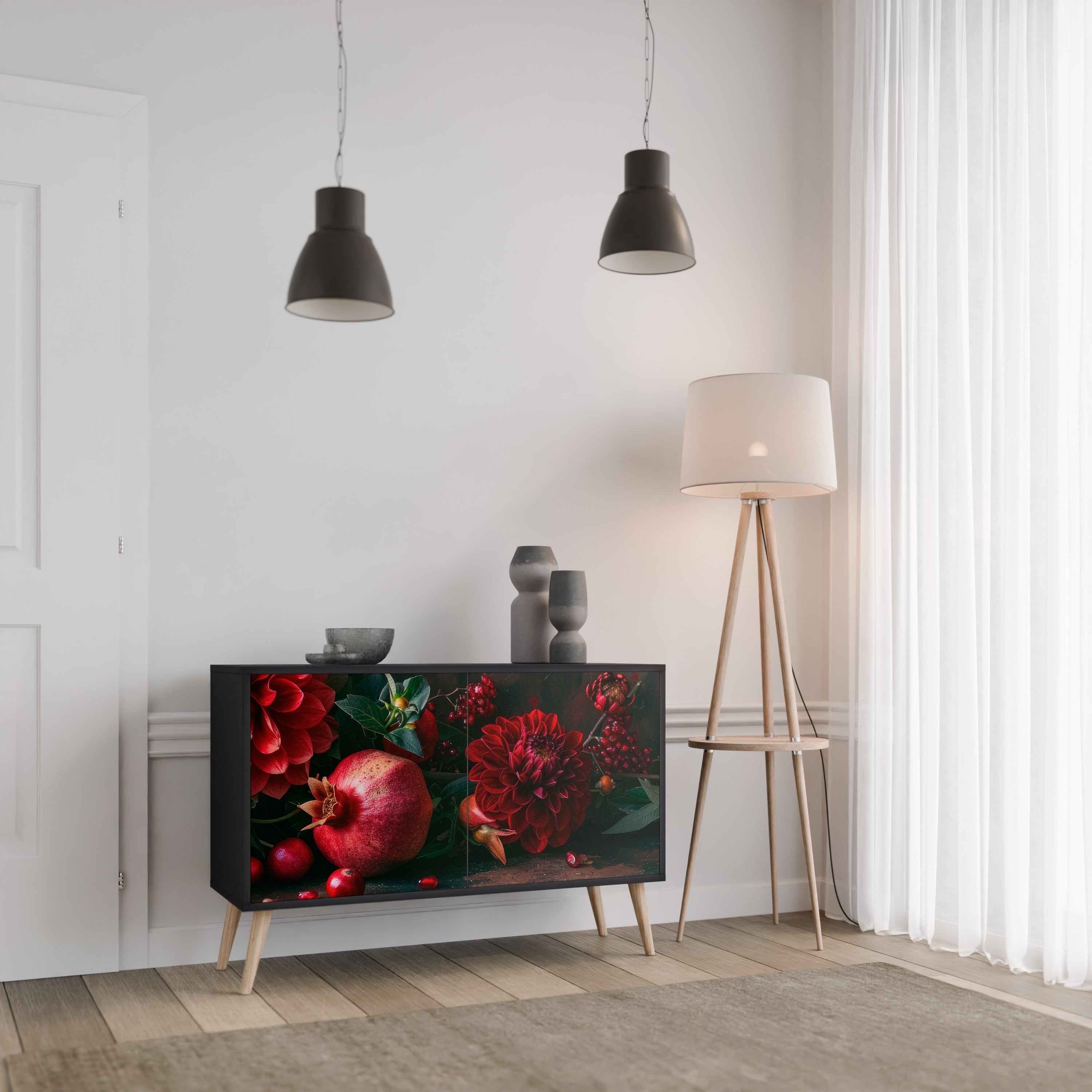 DAHLIAS AND POMEGRANATES 2-Door Sideboard in Black Finish