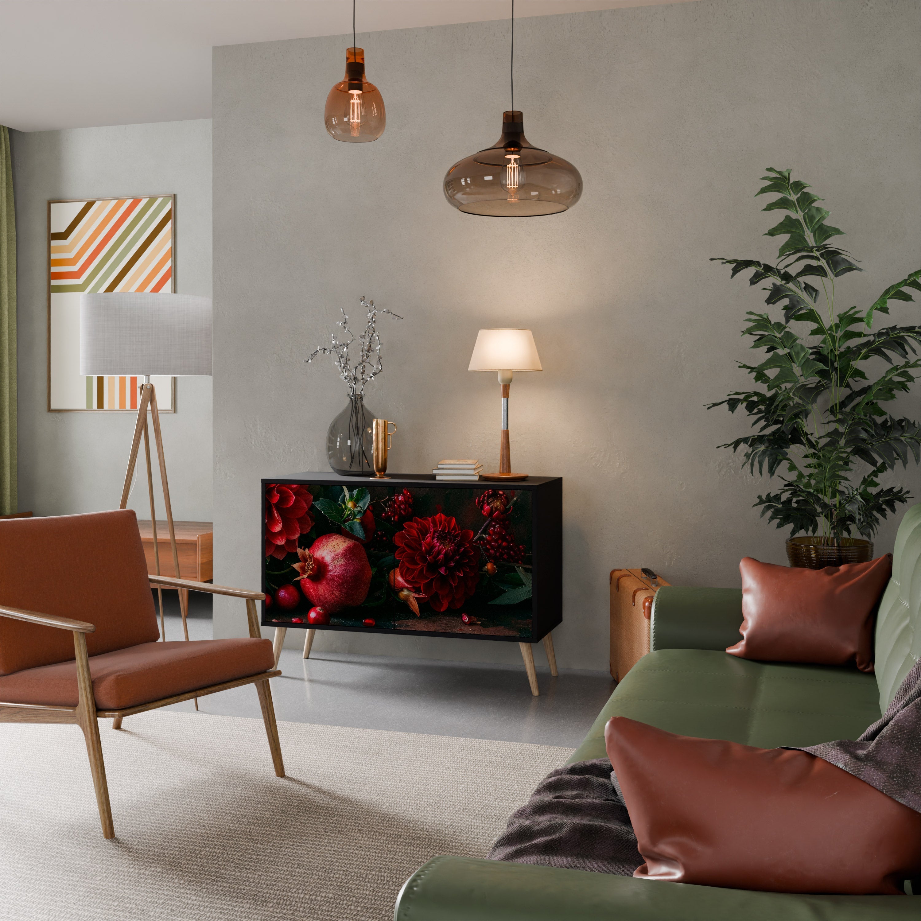 DAHLIAS AND POMEGRANATES 2-Door Sideboard in Black Finish