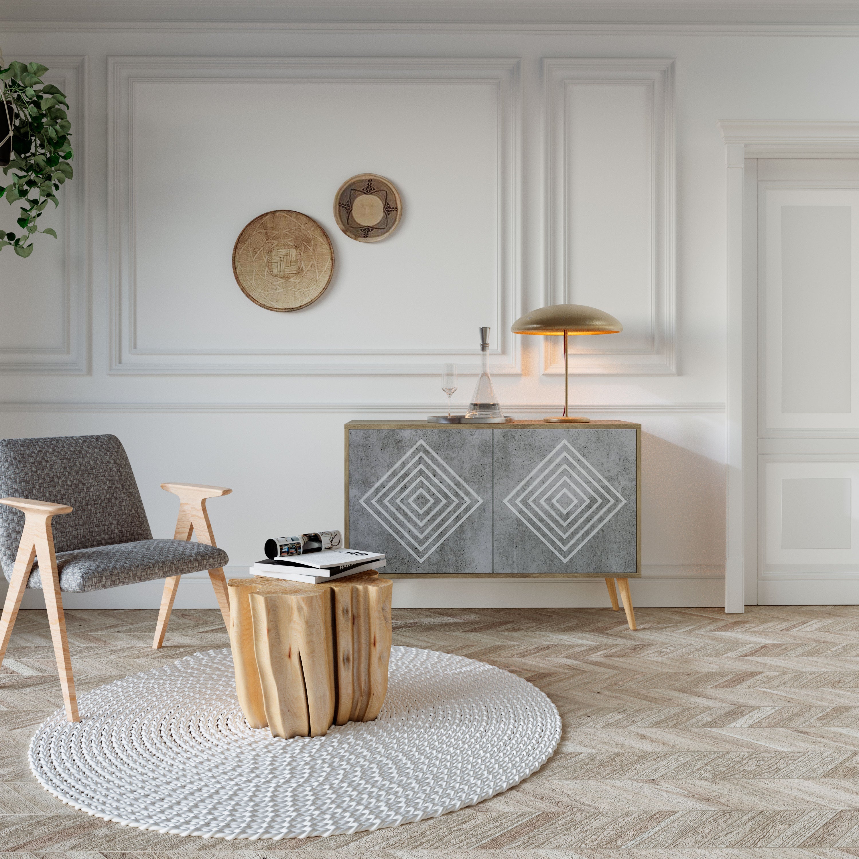 POLYGONAL ARTISTRY Sideboard mit 2 Türen in Eichenoptik