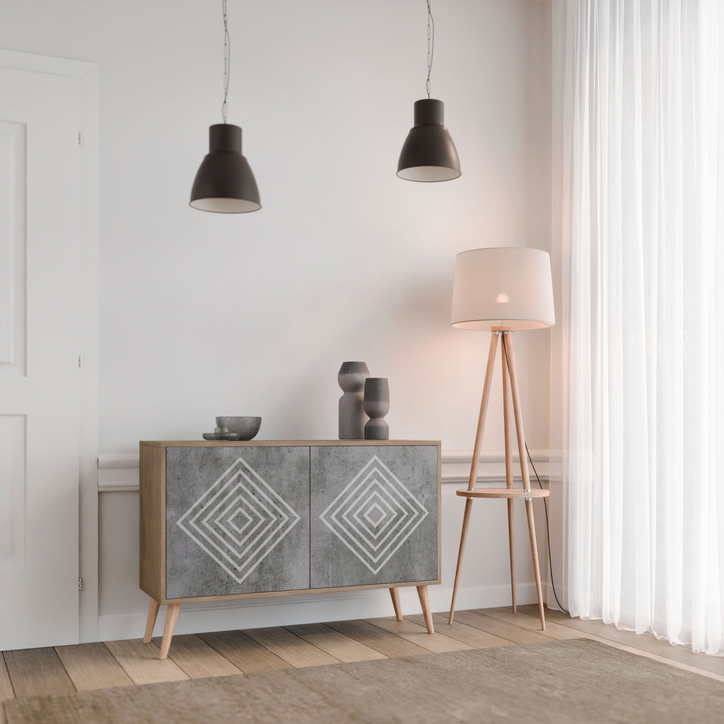 POLYGONAL ARTISTRY Sideboard mit 2 Türen in Eichenoptik