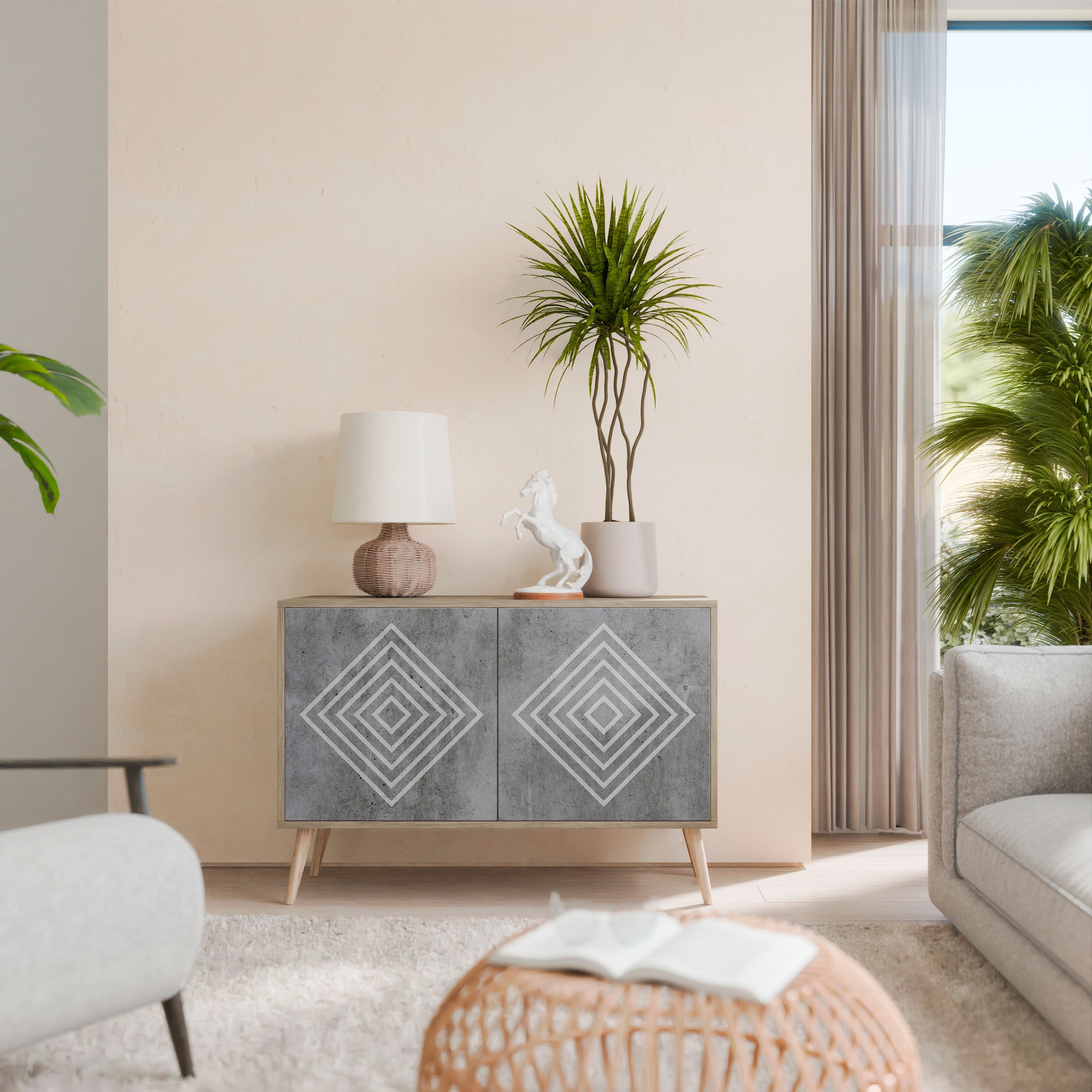POLYGONAL ARTISTRY Sideboard mit 2 Türen in Eichenoptik