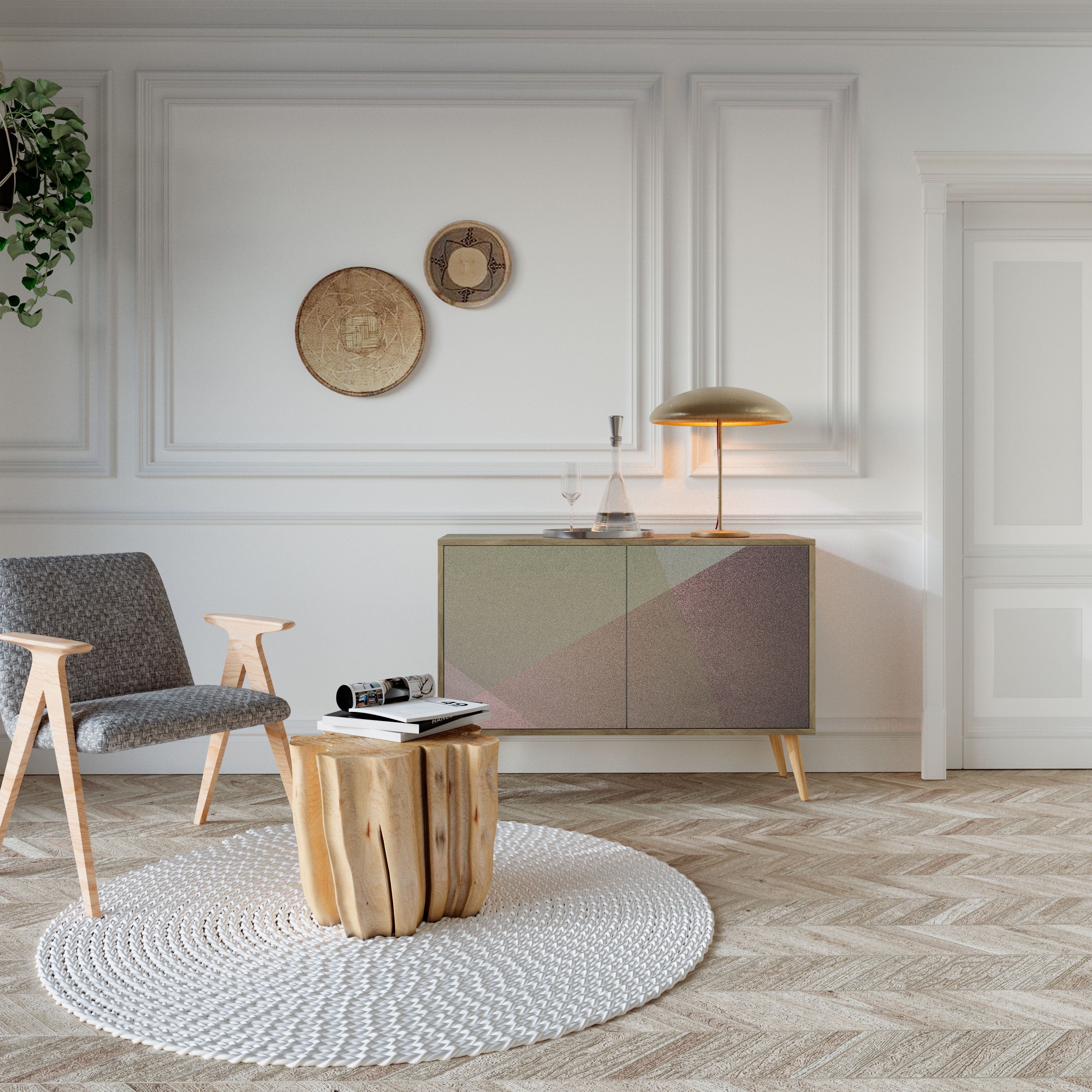 BEIGE GEOMETRY Sideboard mit 2 Türen in Eichenoptik
