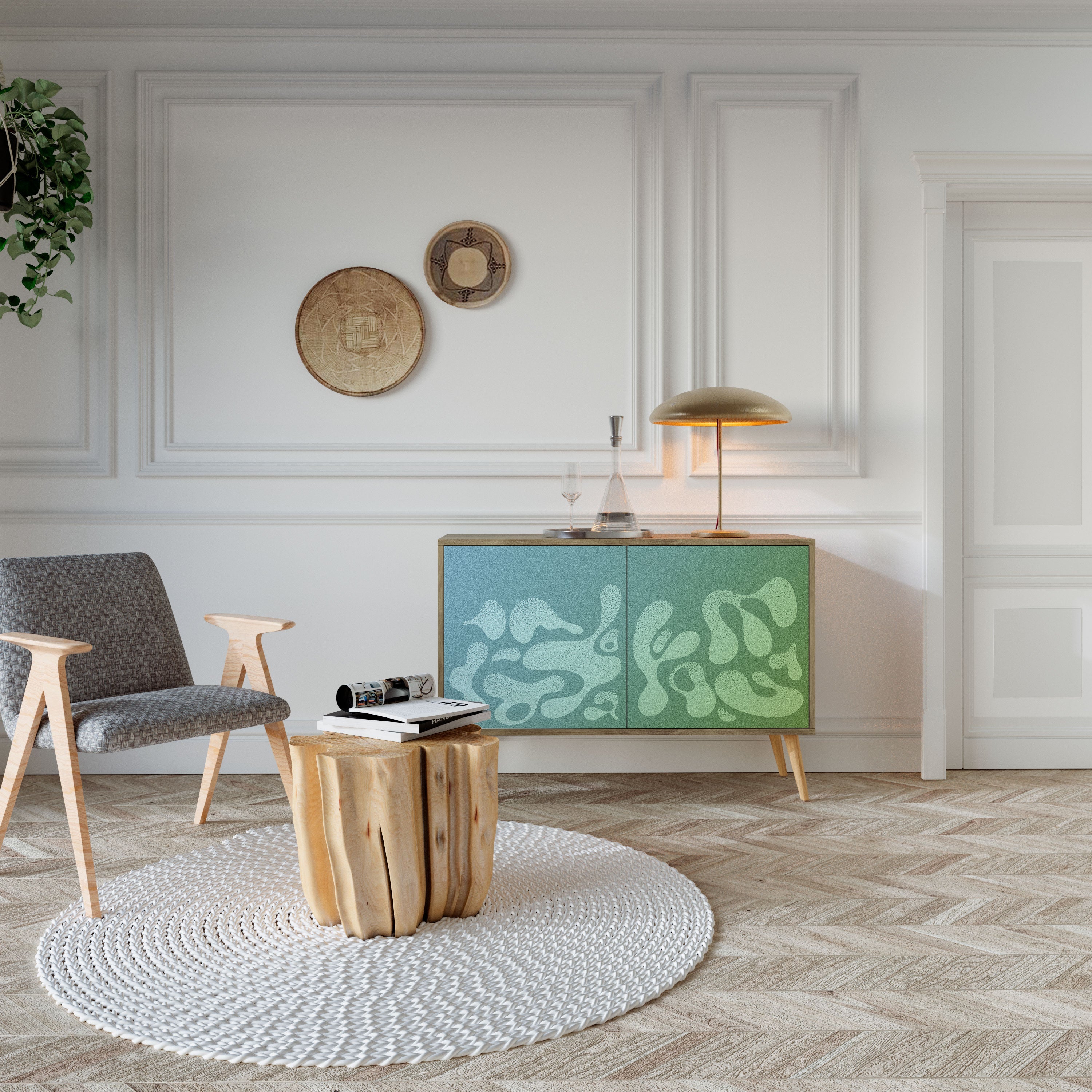 IRREGULAR BLUE Sideboard mit 2 Türen in Eichenoptik