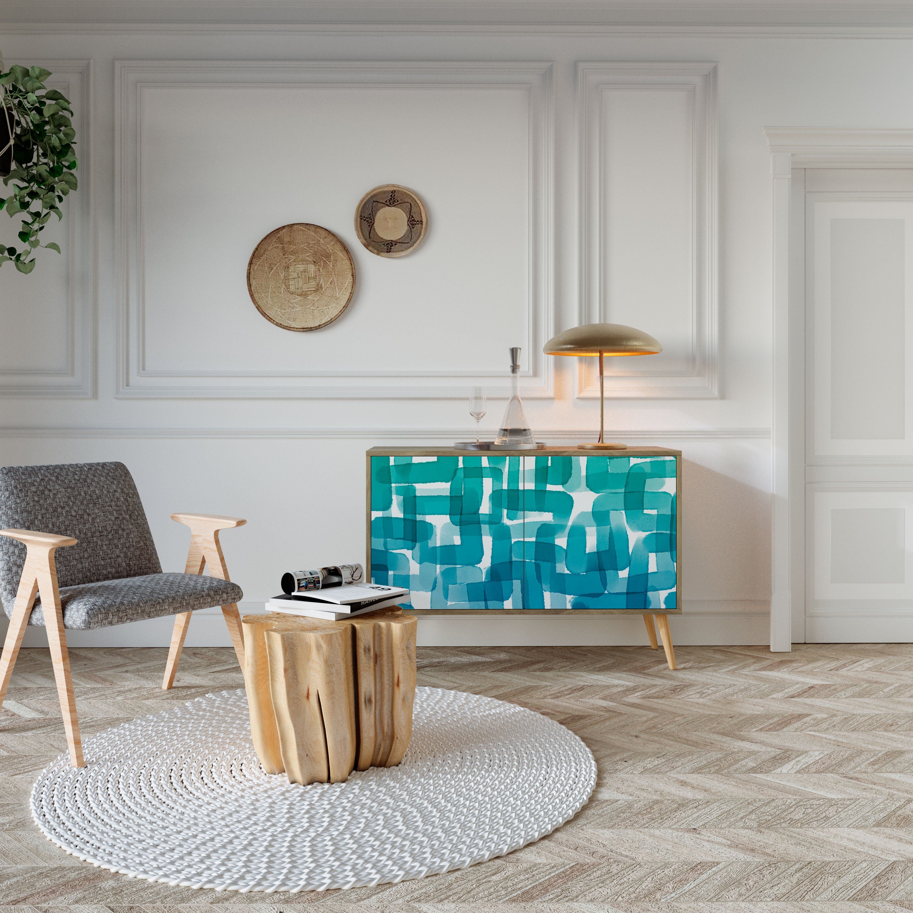 TURQUOISE RECTANGLES Sideboard mit 2 Türen in Eichenoptik
