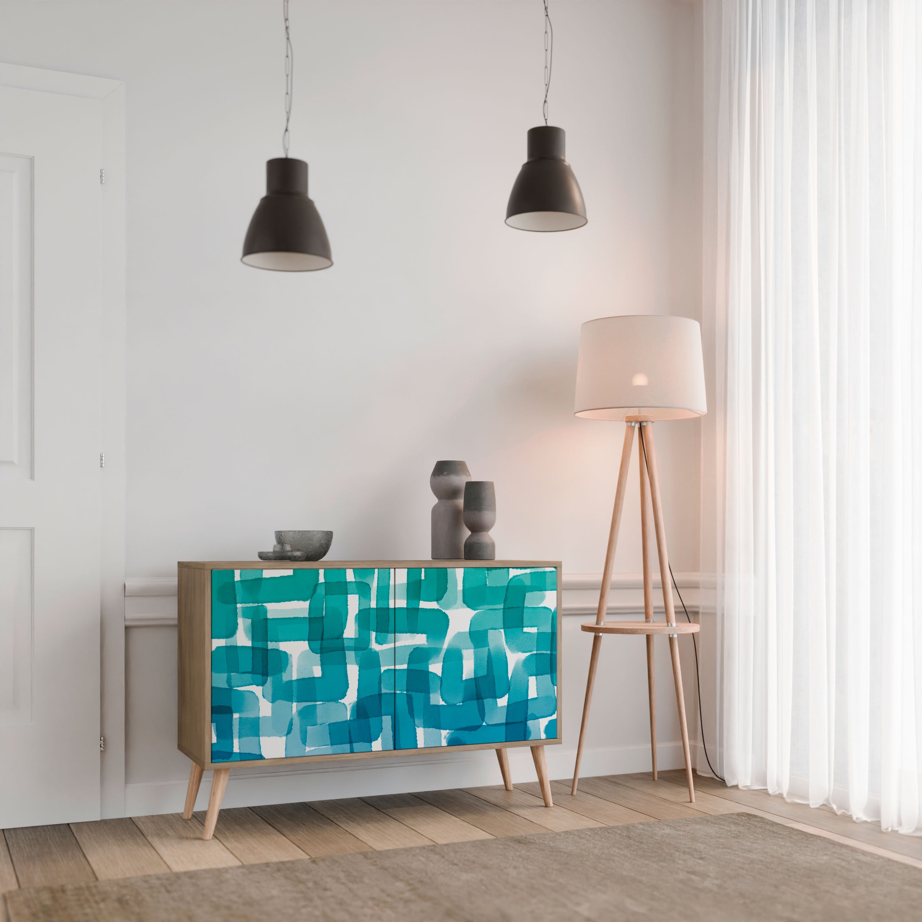 TURQUOISE RECTANGLES Sideboard mit 2 Türen in Eichenoptik