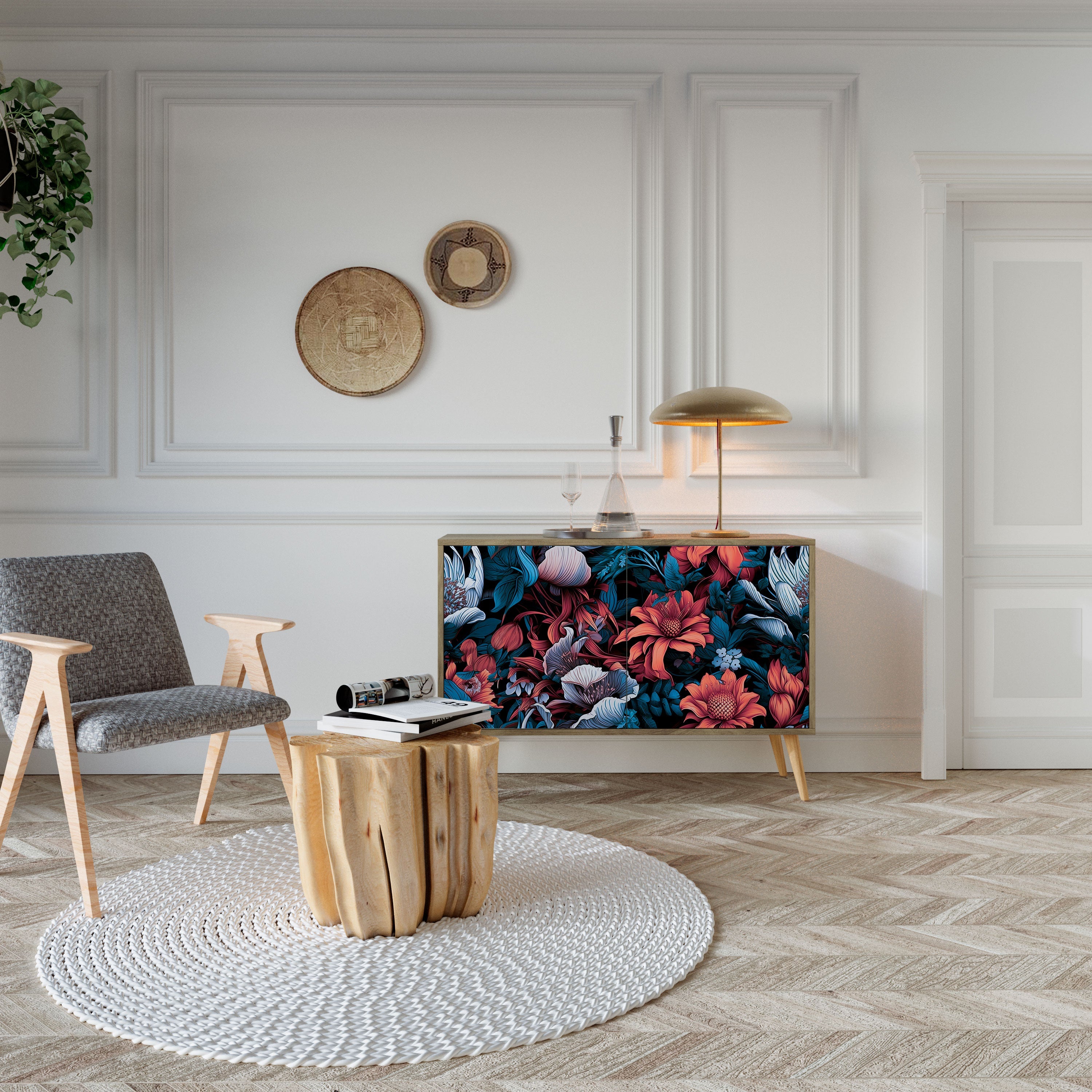 Ethereal Blossoms Sideboard mit 2 Türen in Eichenoptik
