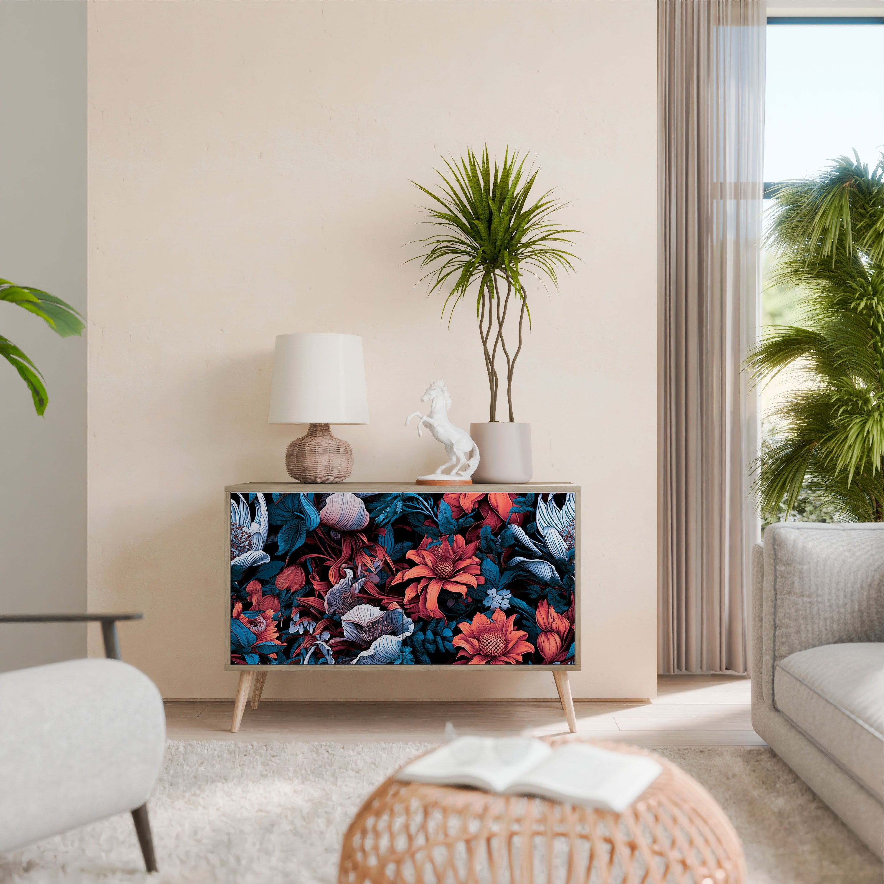 Ethereal Blossoms Sideboard mit 2 Türen in Eichenoptik