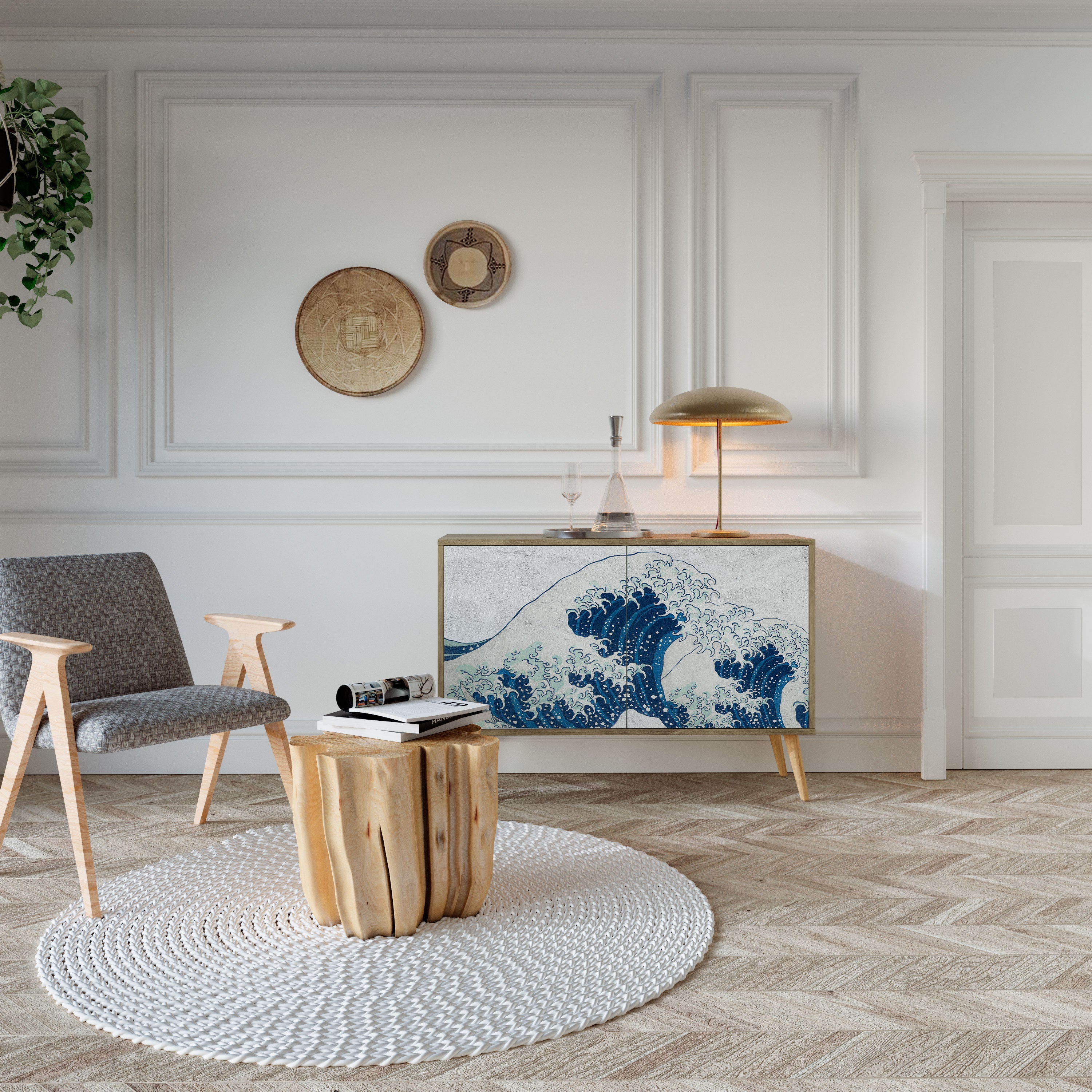 DIE GROSSE WELLE VON KANAGAWA Sideboard mit 2 Türen in Eichenoptik