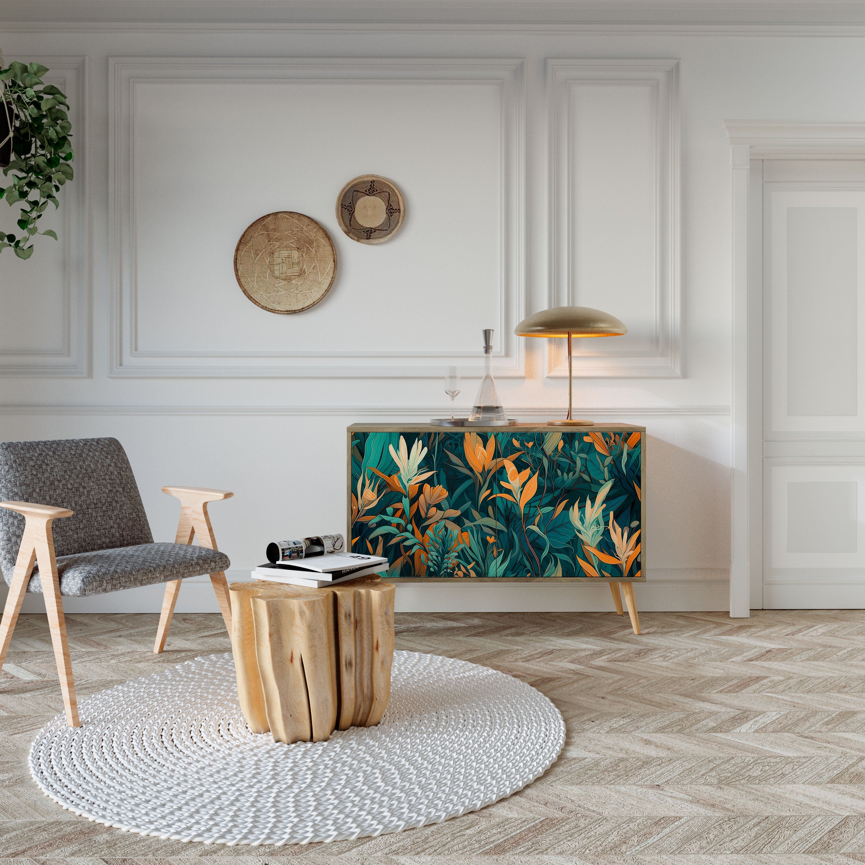 FLORAL SERENITY Sideboard mit 2 Türen in Eichenoptik