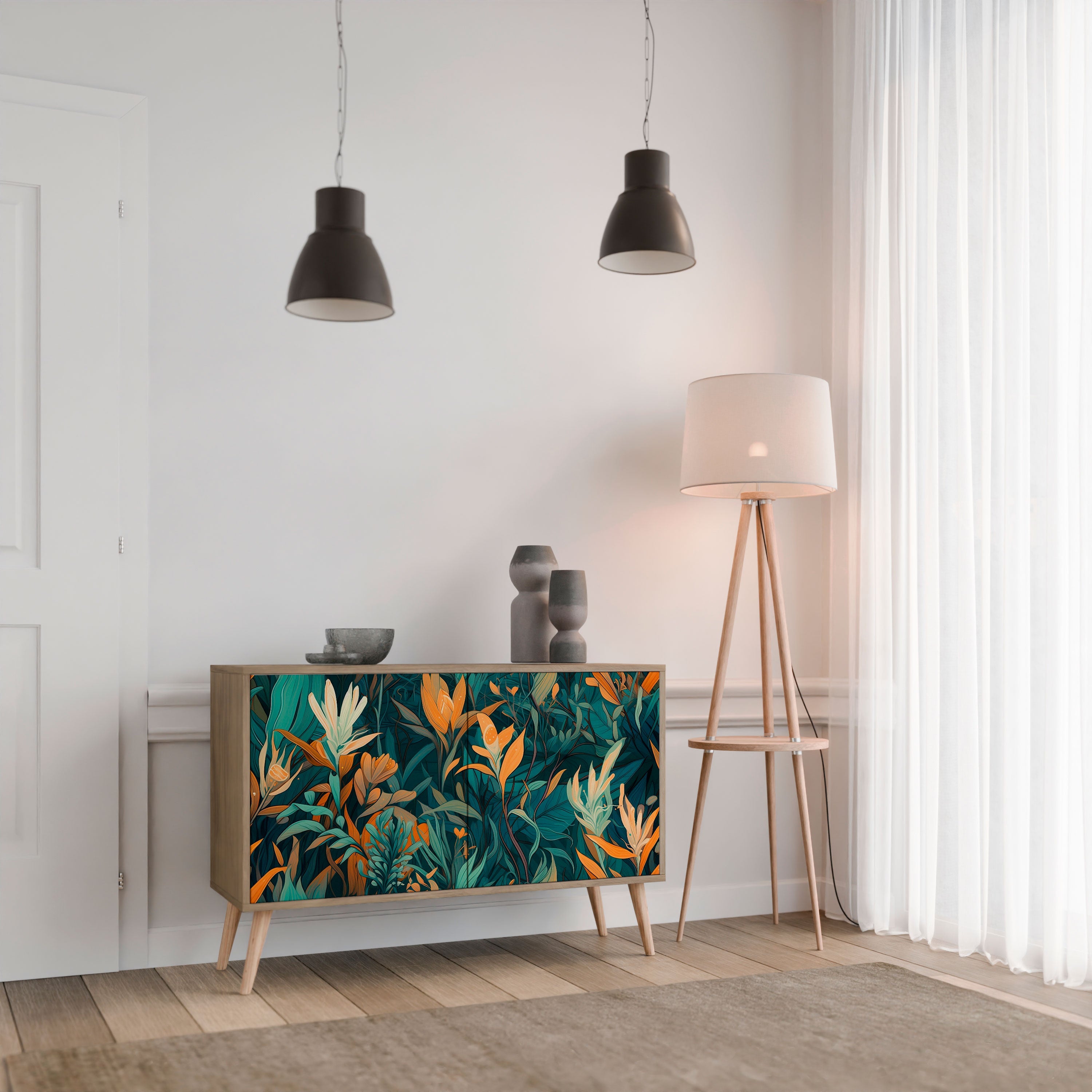 FLORAL SERENITY Sideboard mit 2 Türen in Eichenoptik