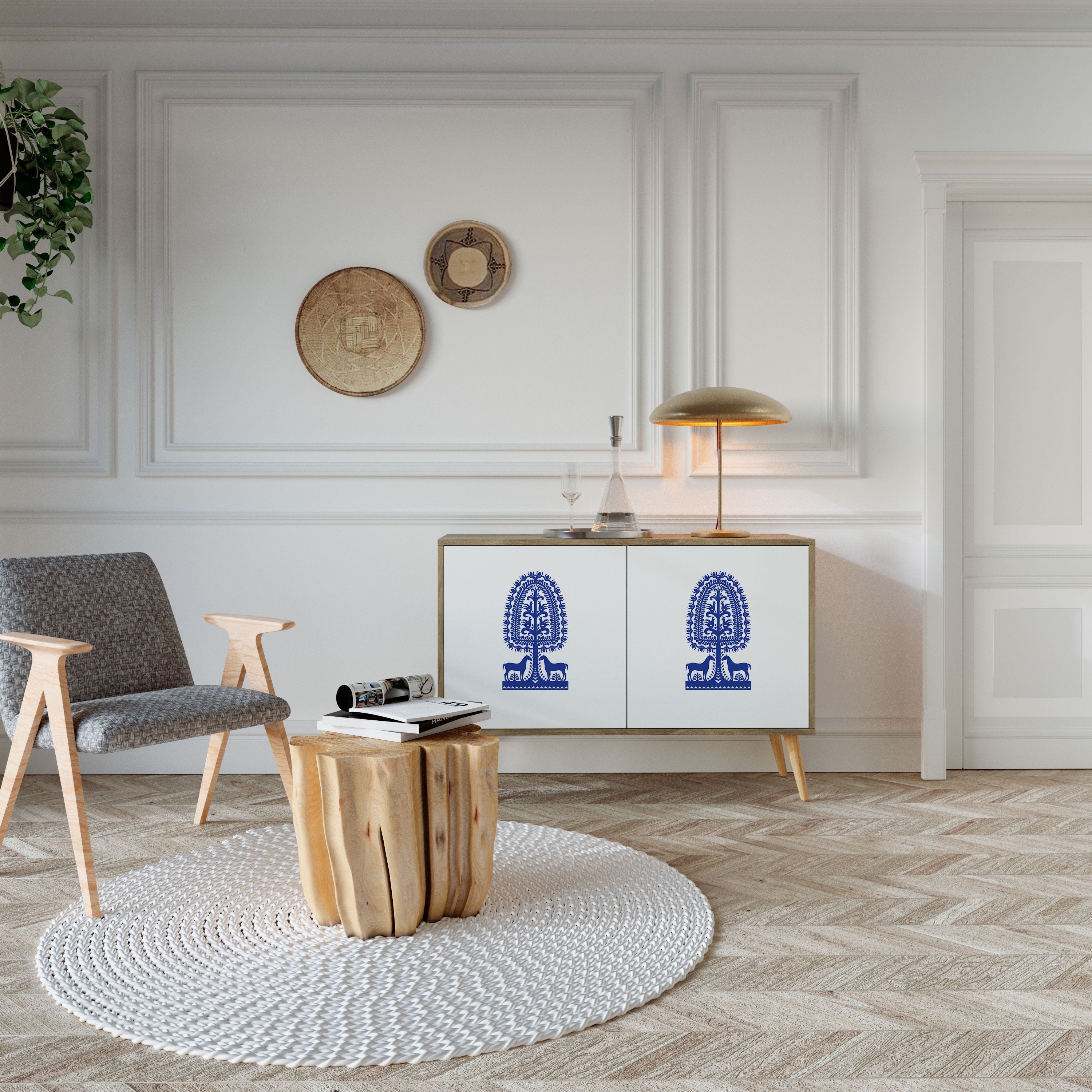 POLISH FOLK ART Sideboard mit 2 Türen in Eichenoptik