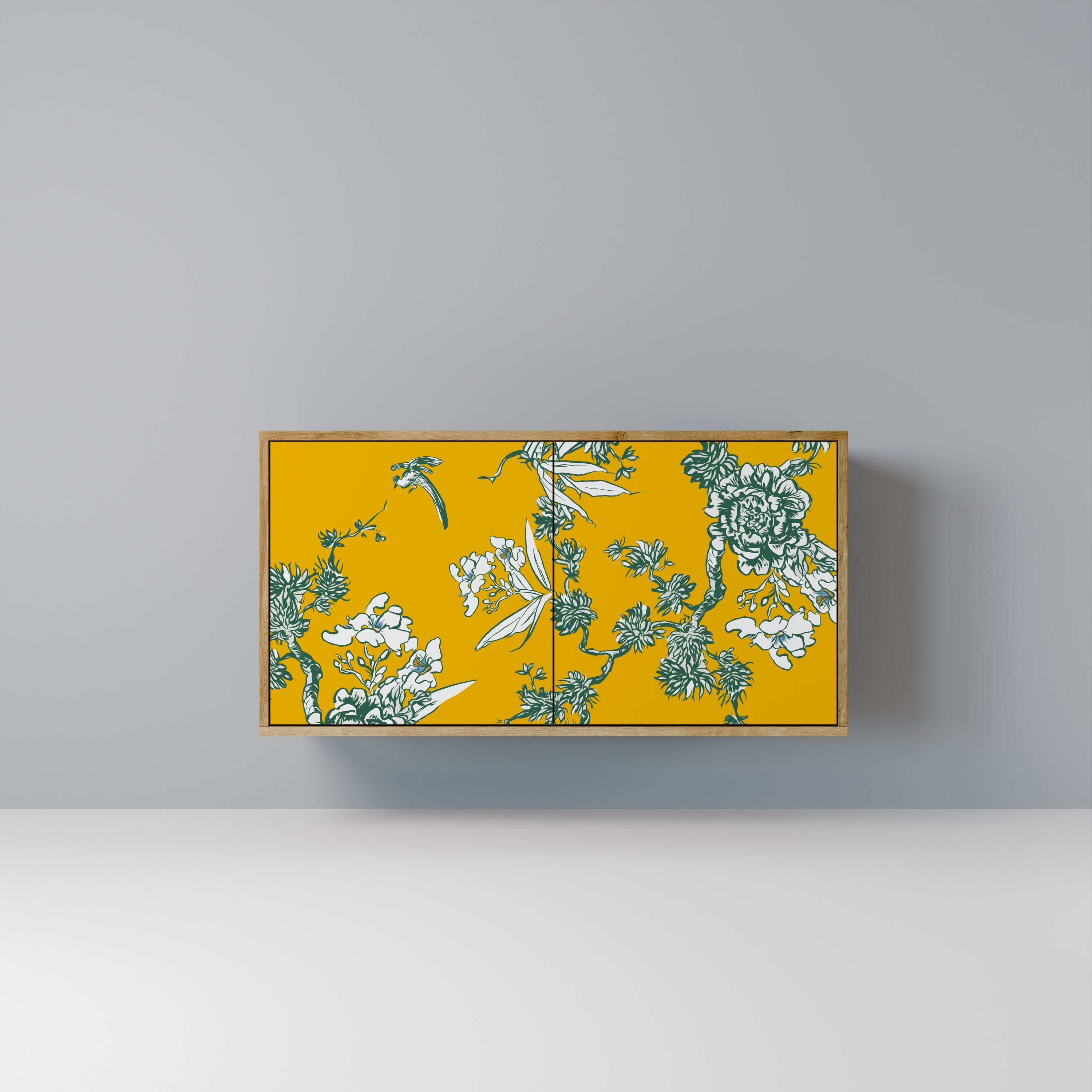 GELBES CHINOISERIE-Sideboard mit 2 Türen in Eichenoptik